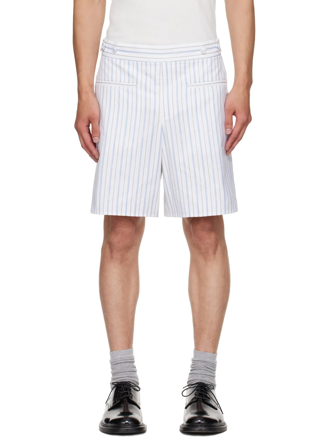 White & Blue Skull Stripe Shorts - 1