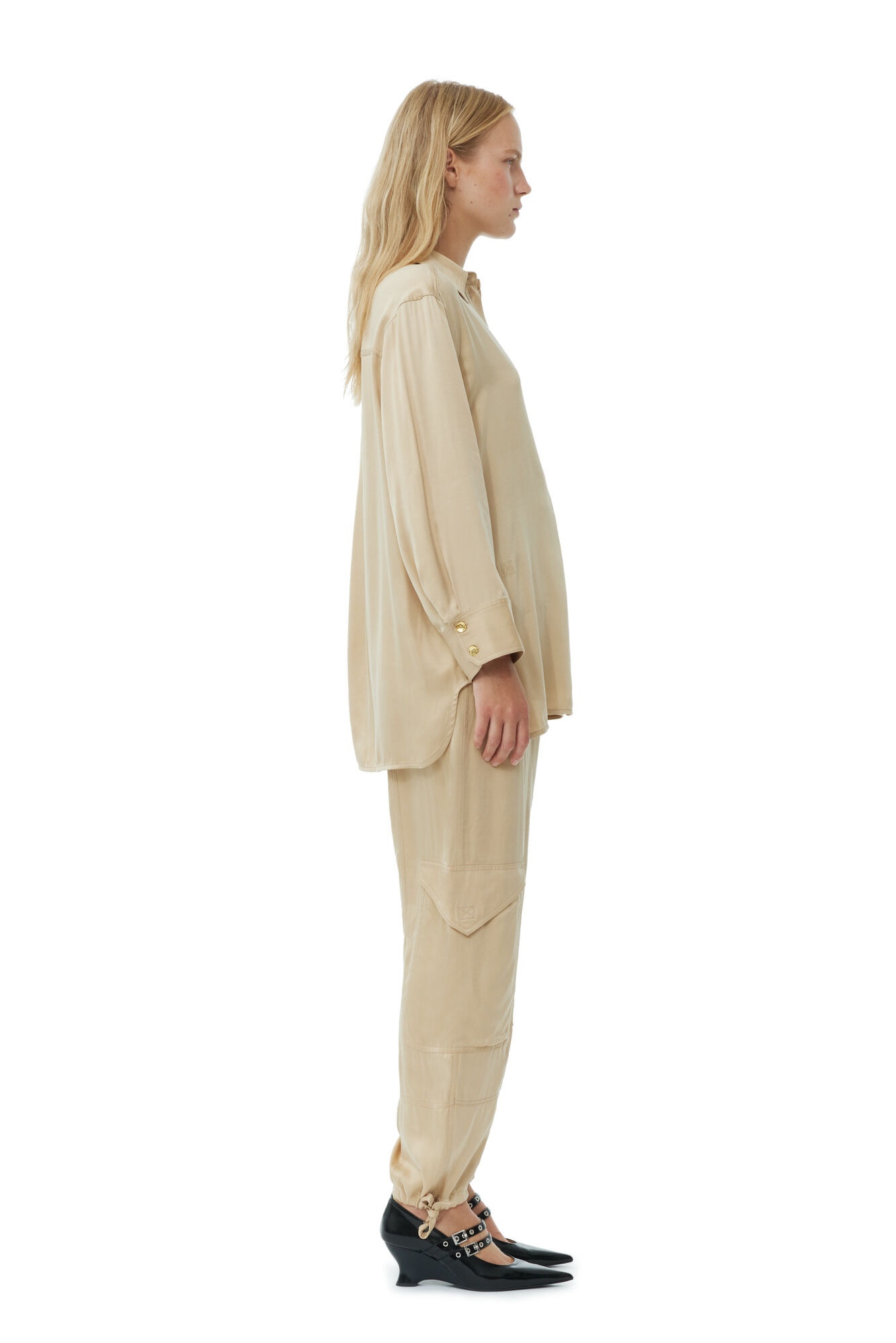 BEIGE WASHED SATIN SHIRT - 5