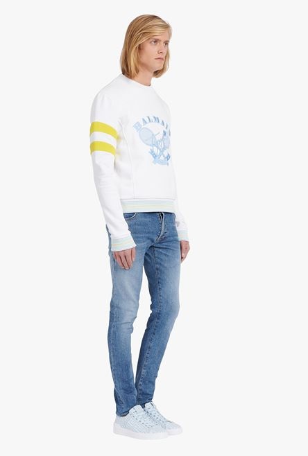 White eco-designed cotton sweatshirt with embroidered pale blue Balmain logo - 7