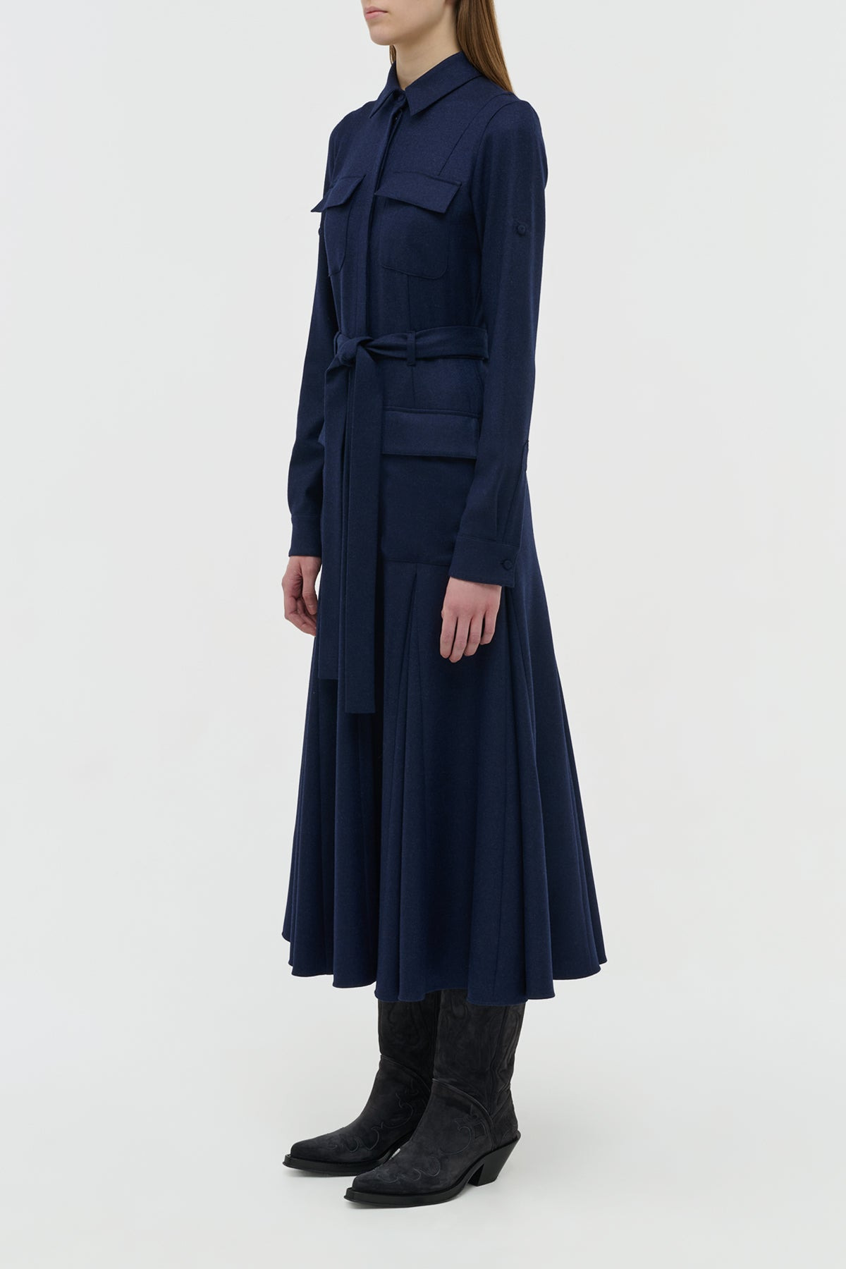 Meyer Pleated Maxi Shirtdress in Navy Wool Cashmere Flannel - 3