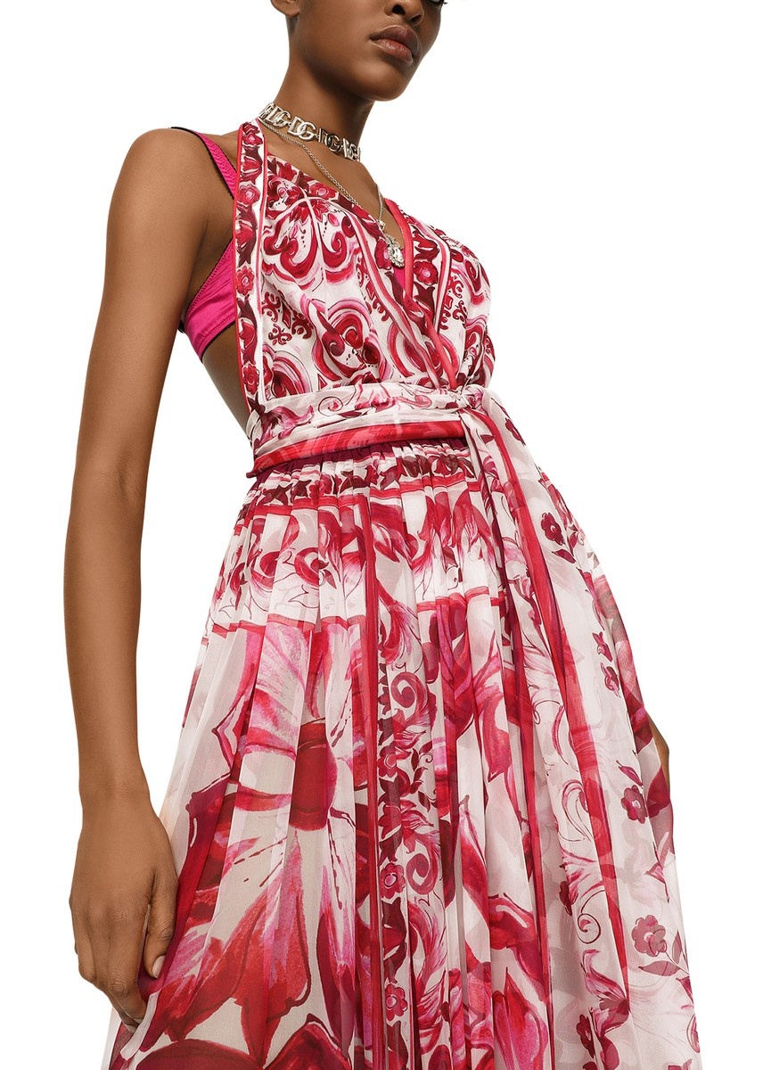 Long sleeveless chiffon dress with majolica print - 4