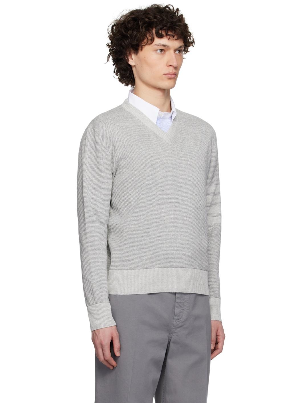 Gray Textured Striped Stitch Linen Cotton V Neck Sweater - 2