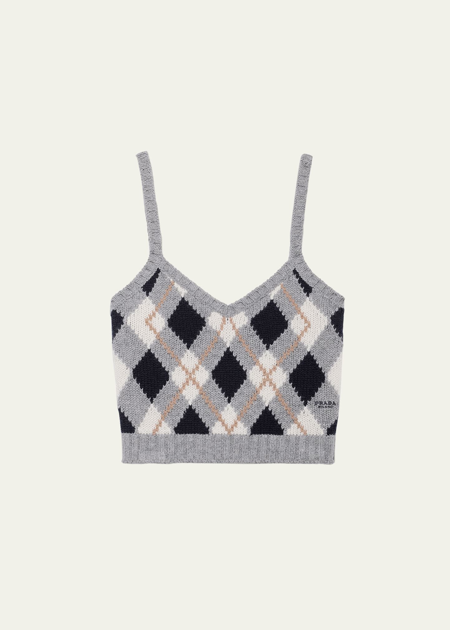 Cashmere Argyle Knit Crop Tank Top - 1