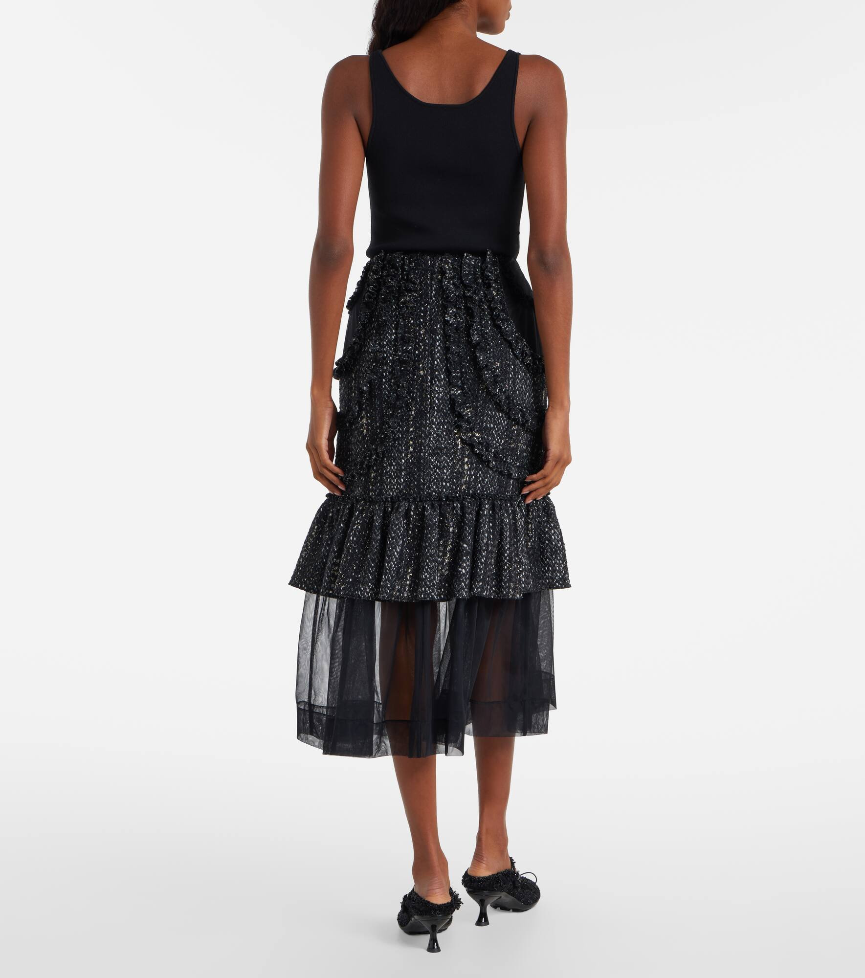 Tulle-trimmed high-rise tweed midi skirt - 3