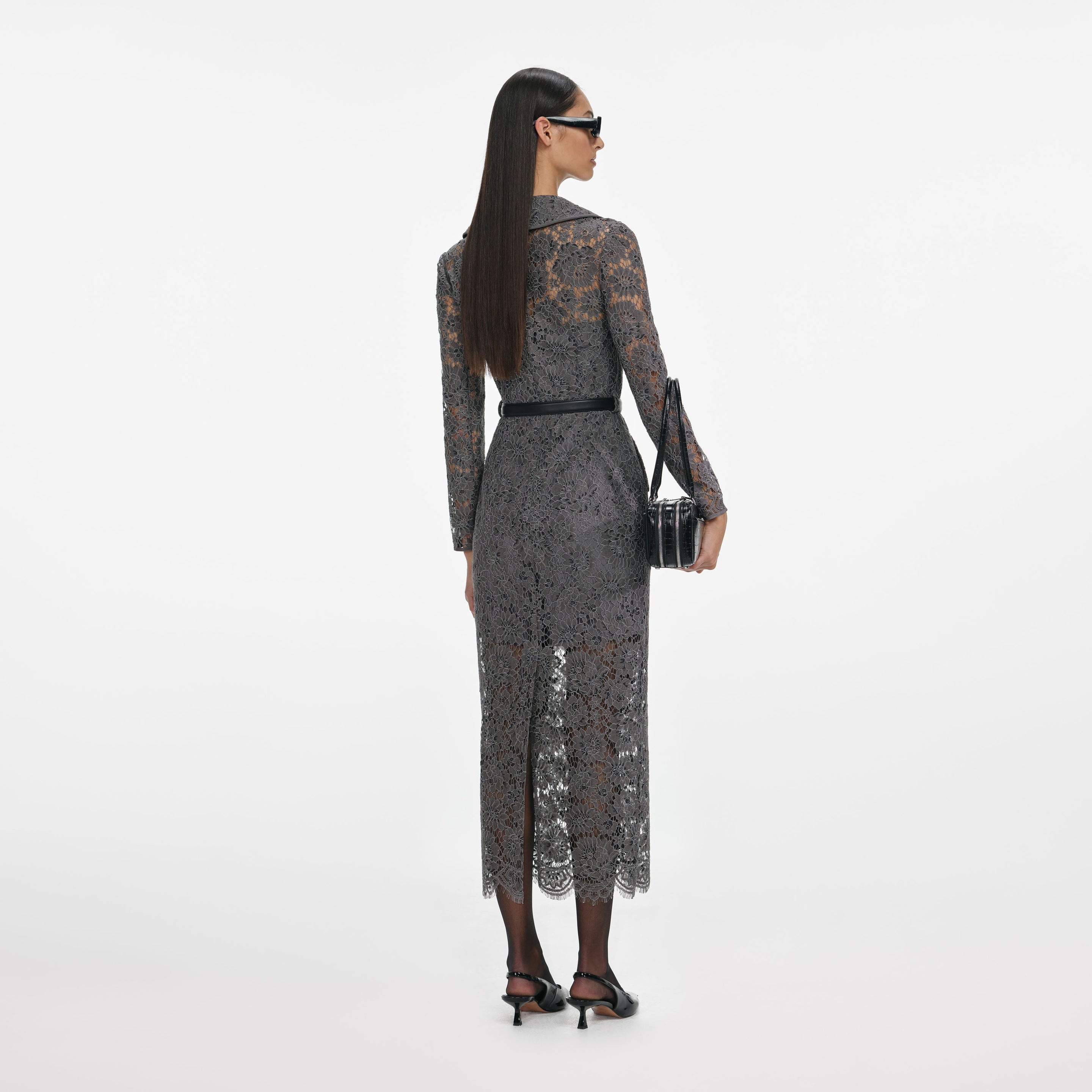 Grey Floral Lace Midi Dress - 3
