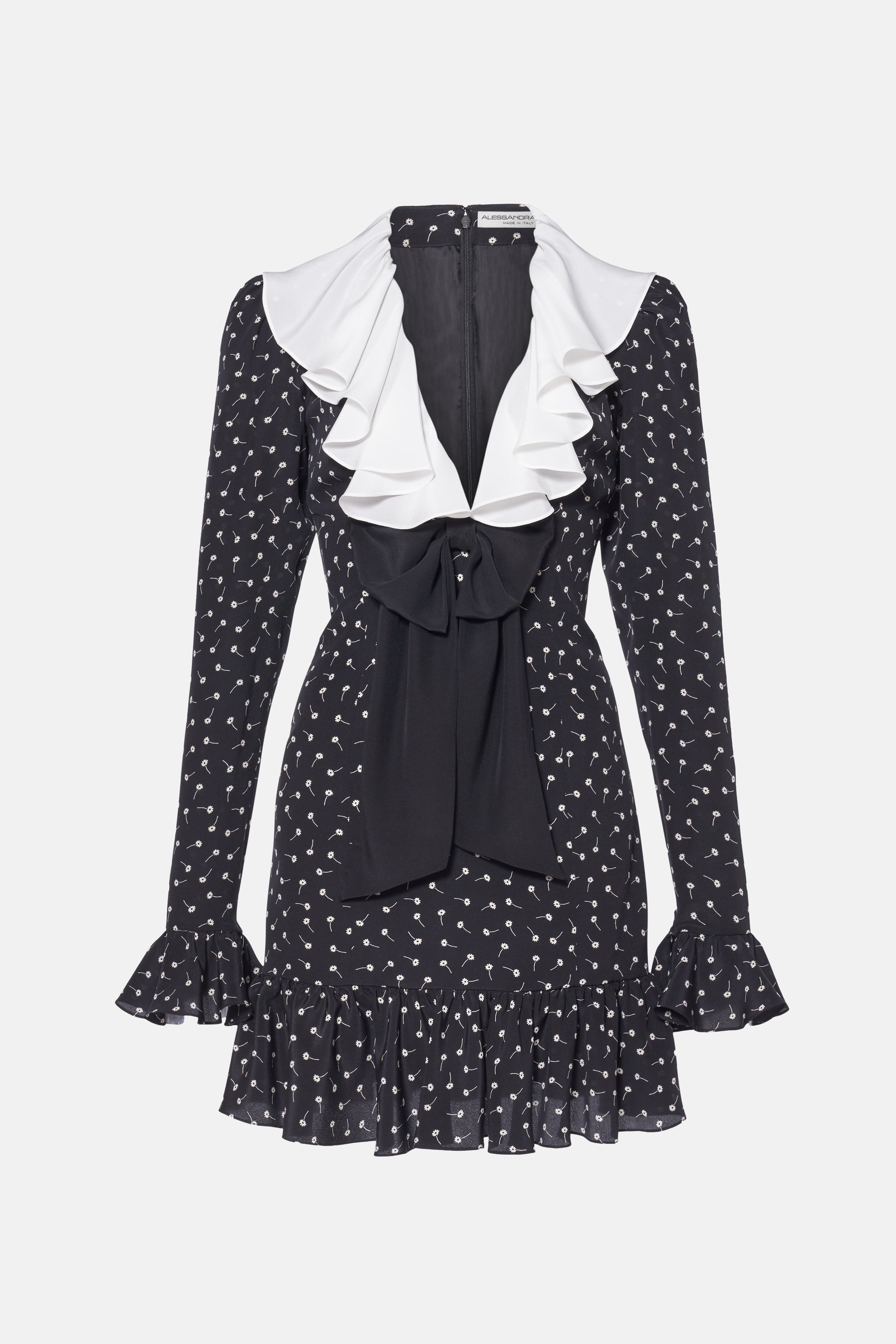 DAISY PRINT SILK MINI DRESS WITH VOLANT AND BOW - 1