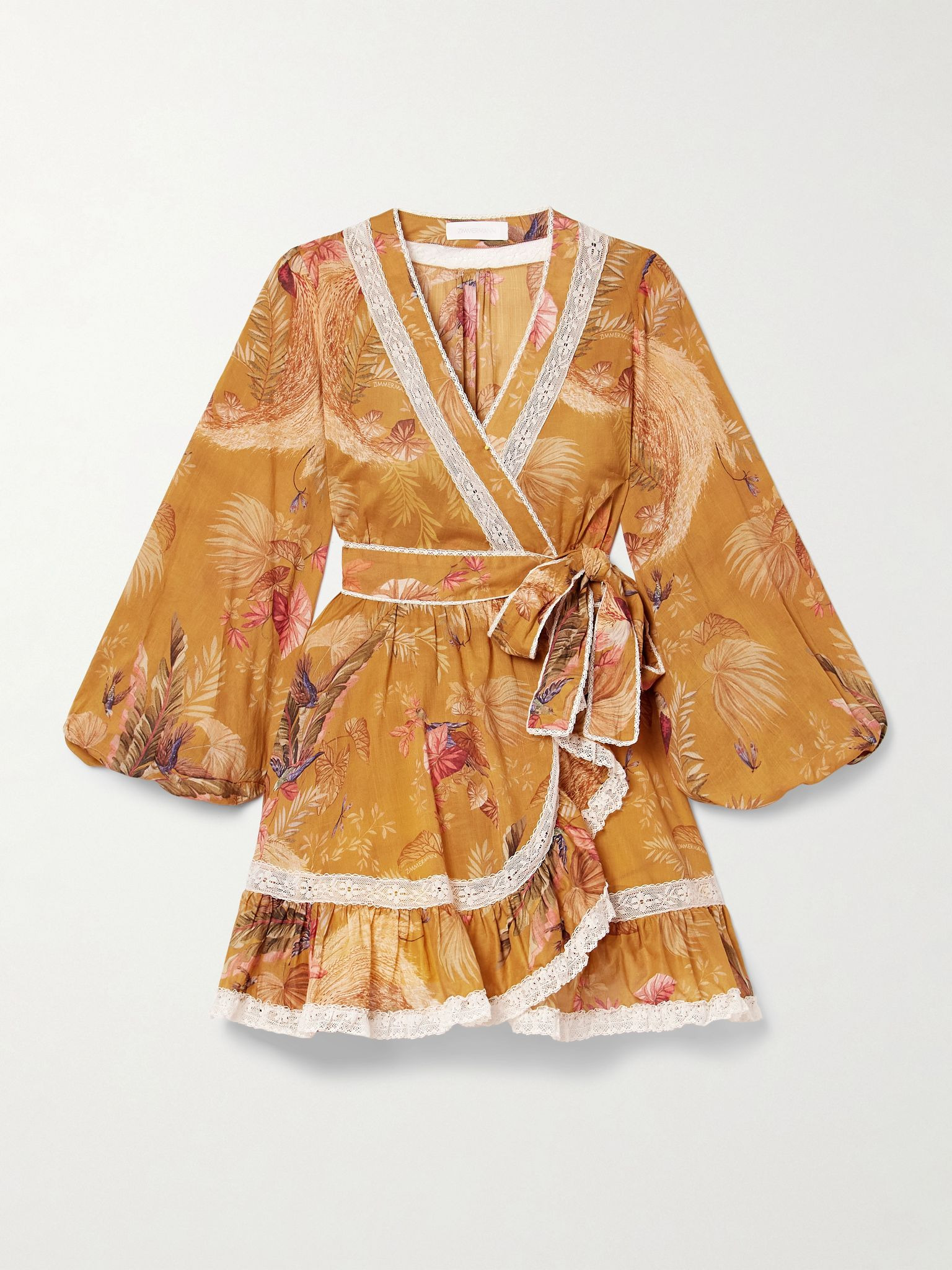 Ascension lace-trimmed tiered printed cotton-voile mini wrap dress Yellow - 1