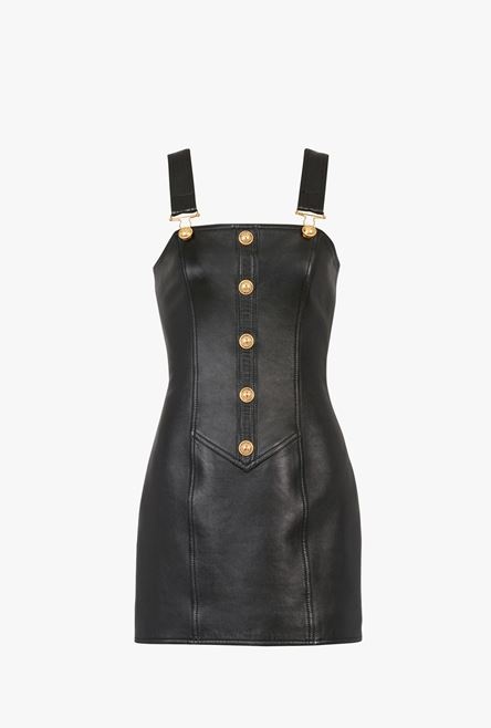 Short black leather overall dress - 1