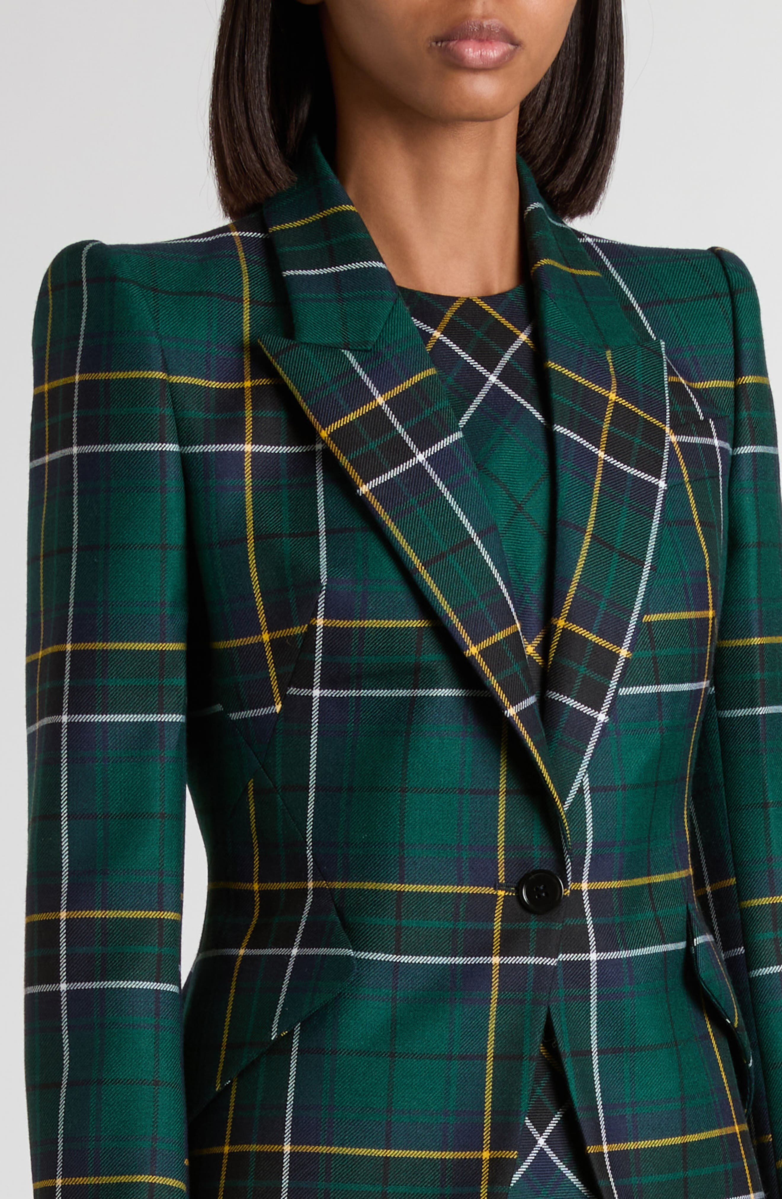 McQueen Tartan Peak Shoulder Wool Blazer in Navy-Green-Yellow at Nordstrom - 4