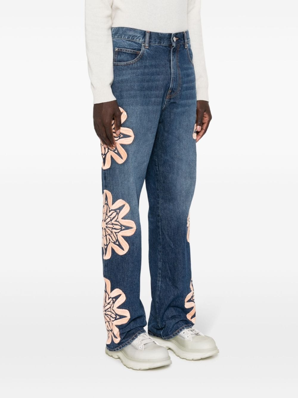 floral-embroidered bootcut jeans - 4