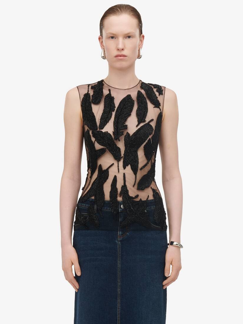 Women's Feather Embroidery Sleeveless Top in Black - 1