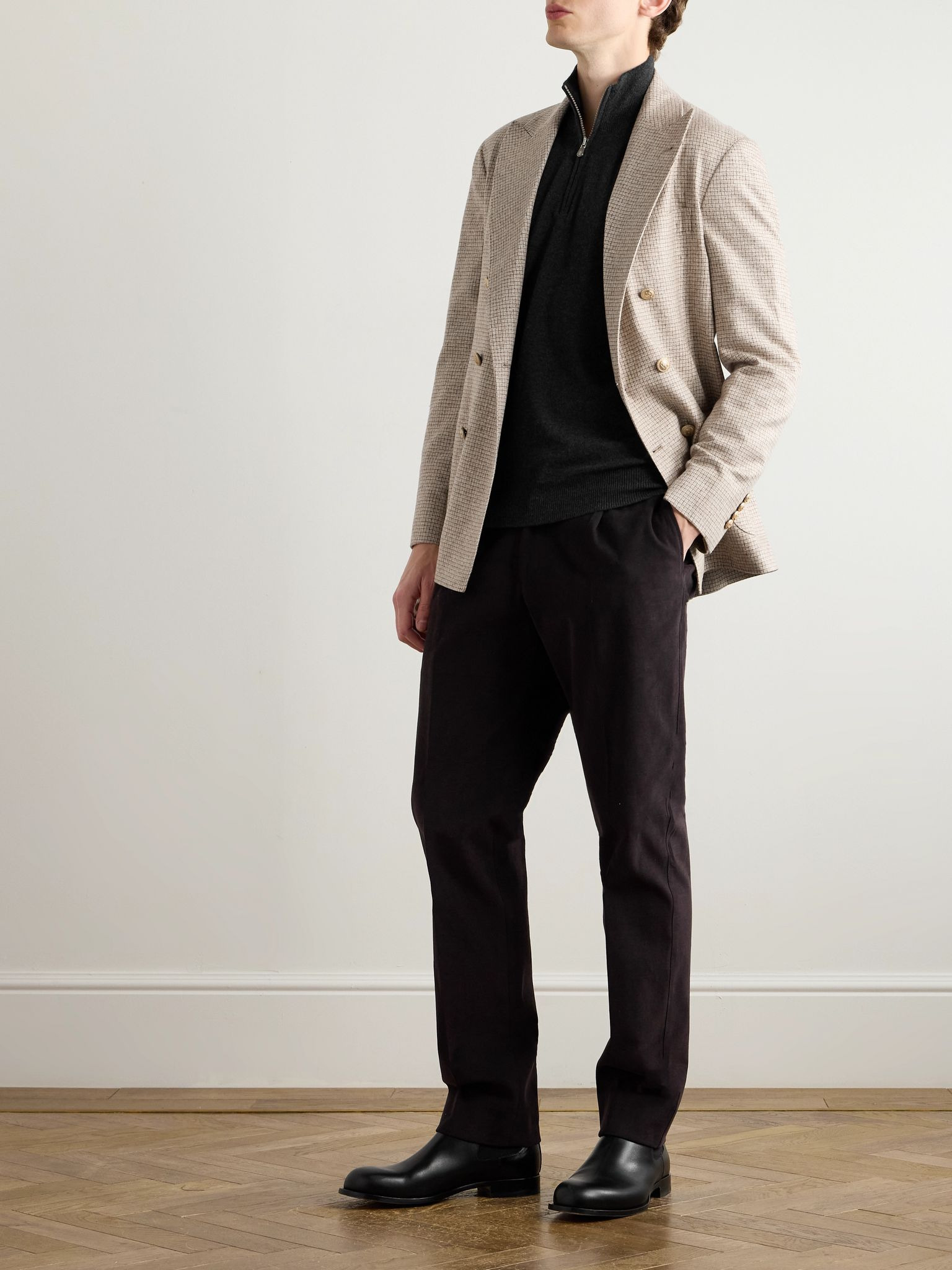 Double-Breasted Checked Silk, Wool and Cashmere-Blend Blazer Beige - 2