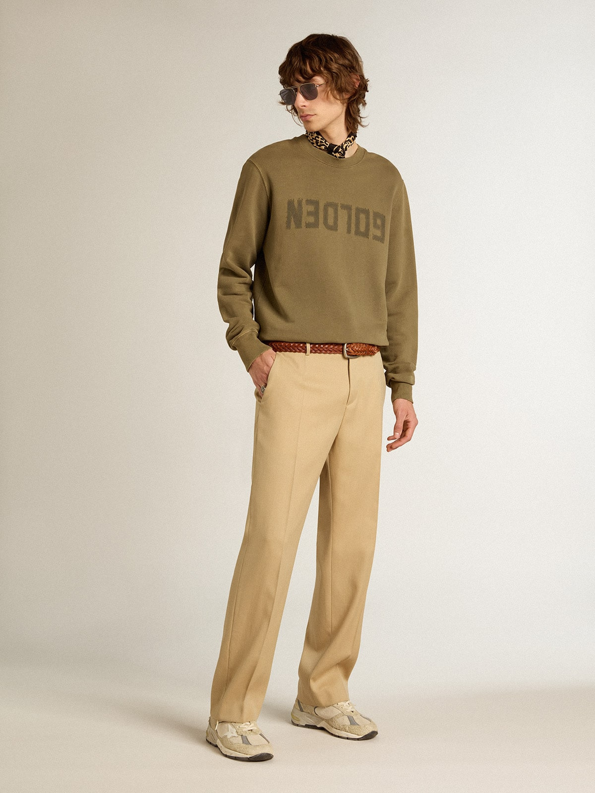 Olive-green Golden Collection sweatshirt with a distressed treatment and Golden lettering on the fro - 3