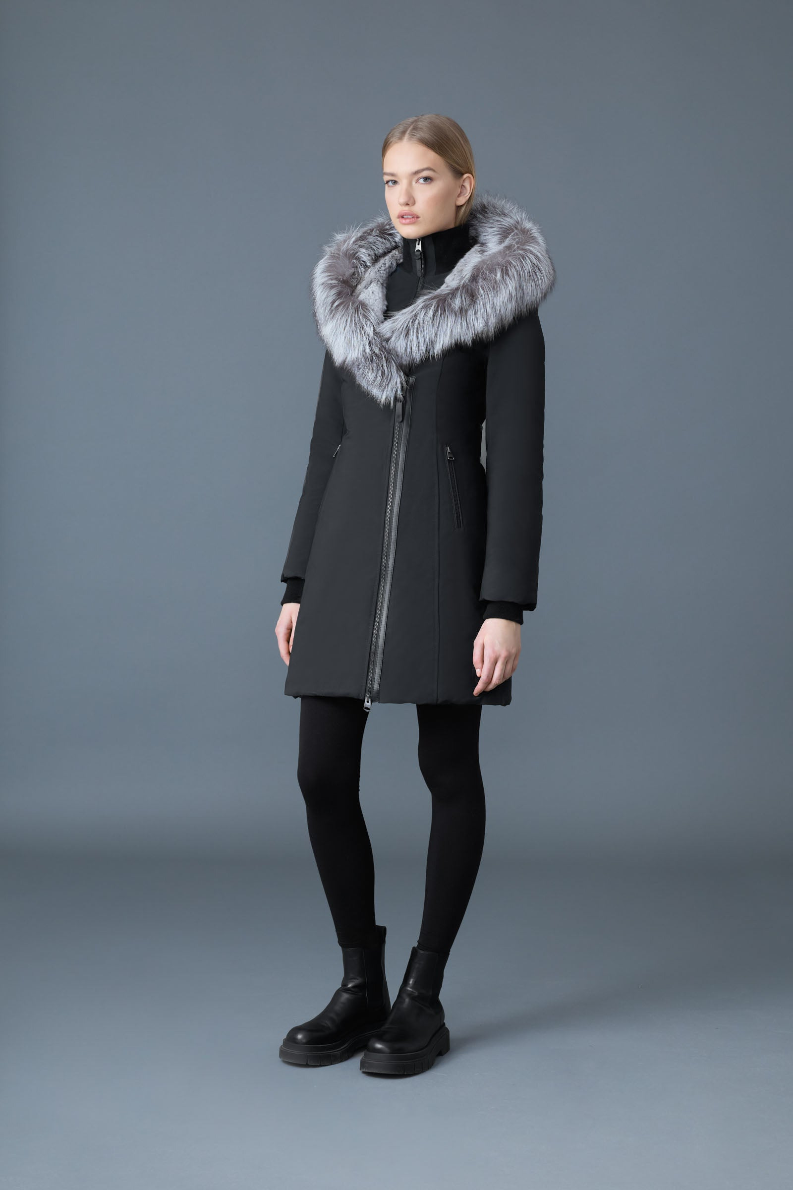 TRISH Powder Touch down coat with silver fox fur Signature Mackage Collar - 2