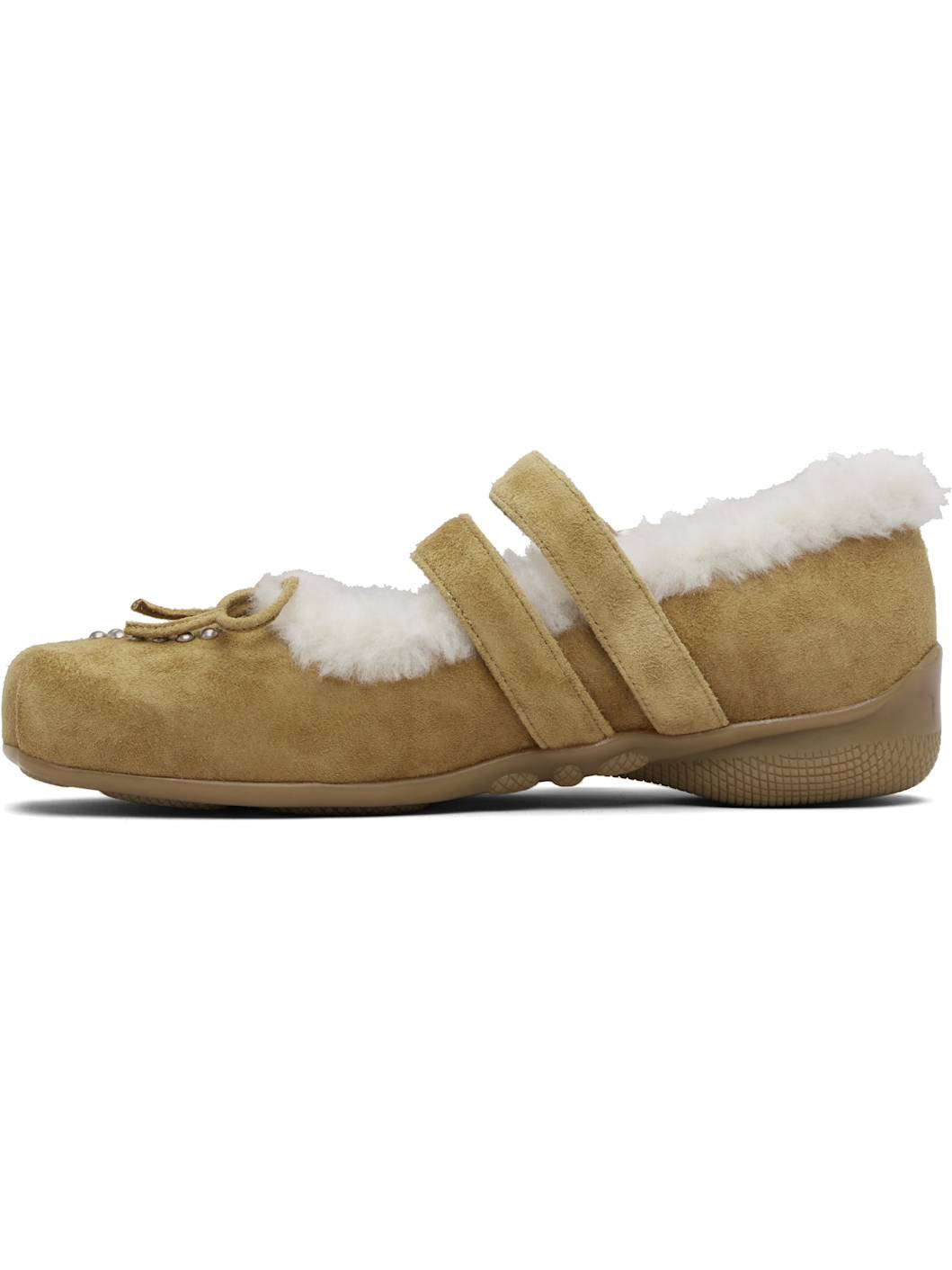 Tan Shearling Heart Stud Ballet Flats - 3