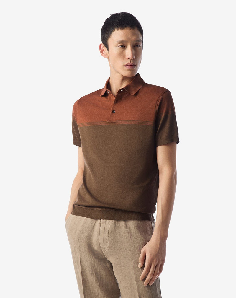 CORNELIANI Burned earth/chestnut brown button-up lisle thread polo shirt outlook