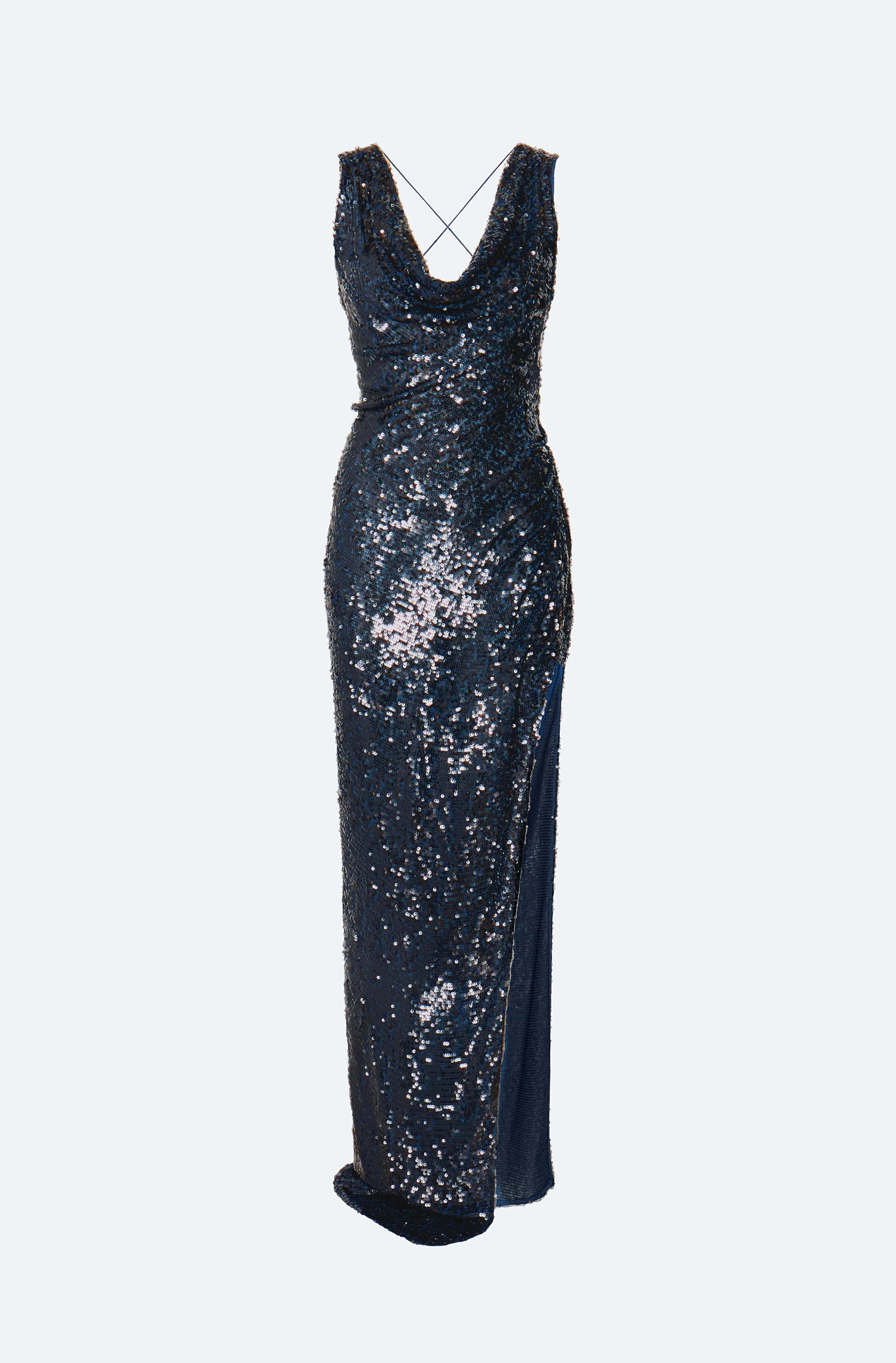 Sequin Viscose Backless Cowl Neck Gown - 1