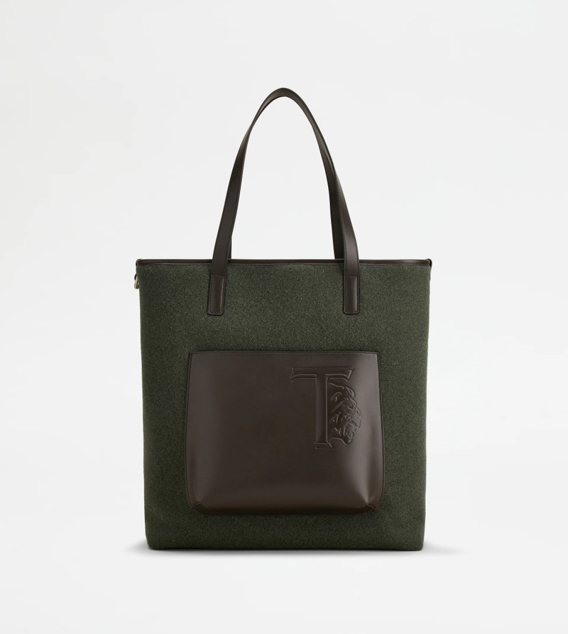 SHOPPING BAG IN FELT AND LEATHER MEDIUM - GREEN, BROWN 1