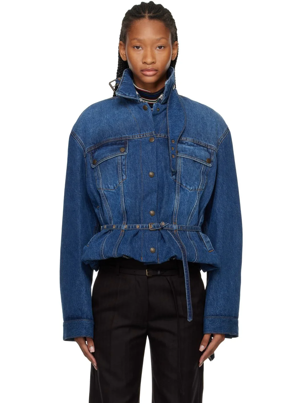 Blue High Collar Denim Jacket - 1