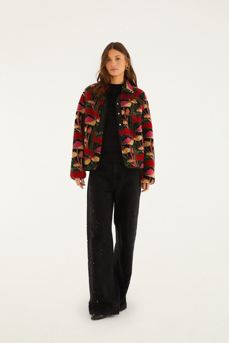Black Wild Mushrooms Fleece Bomber Jacket 4