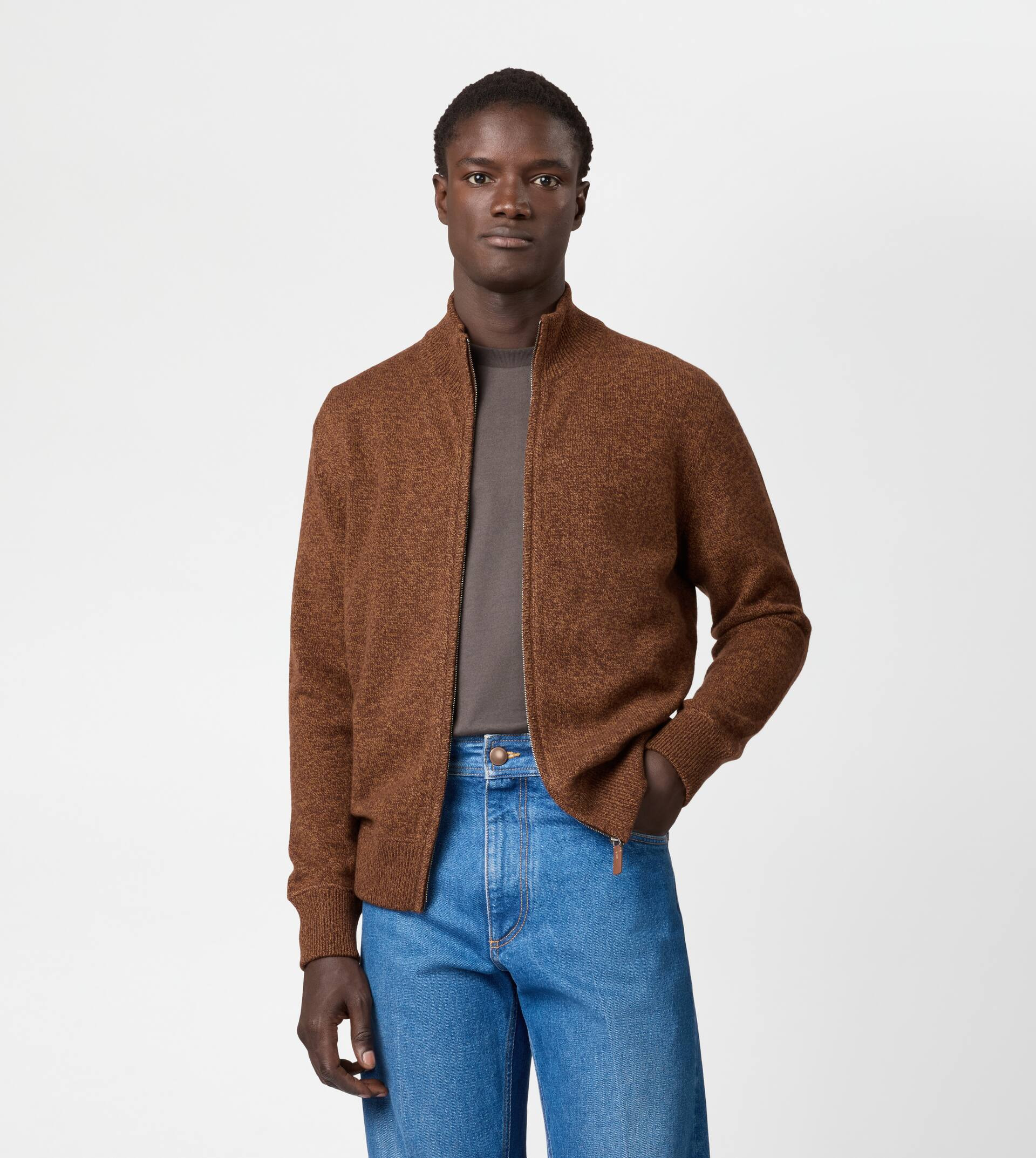 CASHMERE BLEND MOULINÉ CARDIGAN - BROWN - 2