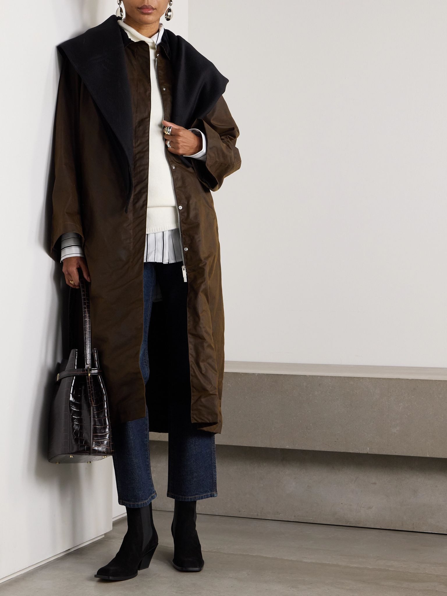 Corduroy-trimmed waxed organic cotton coat Brown - 2