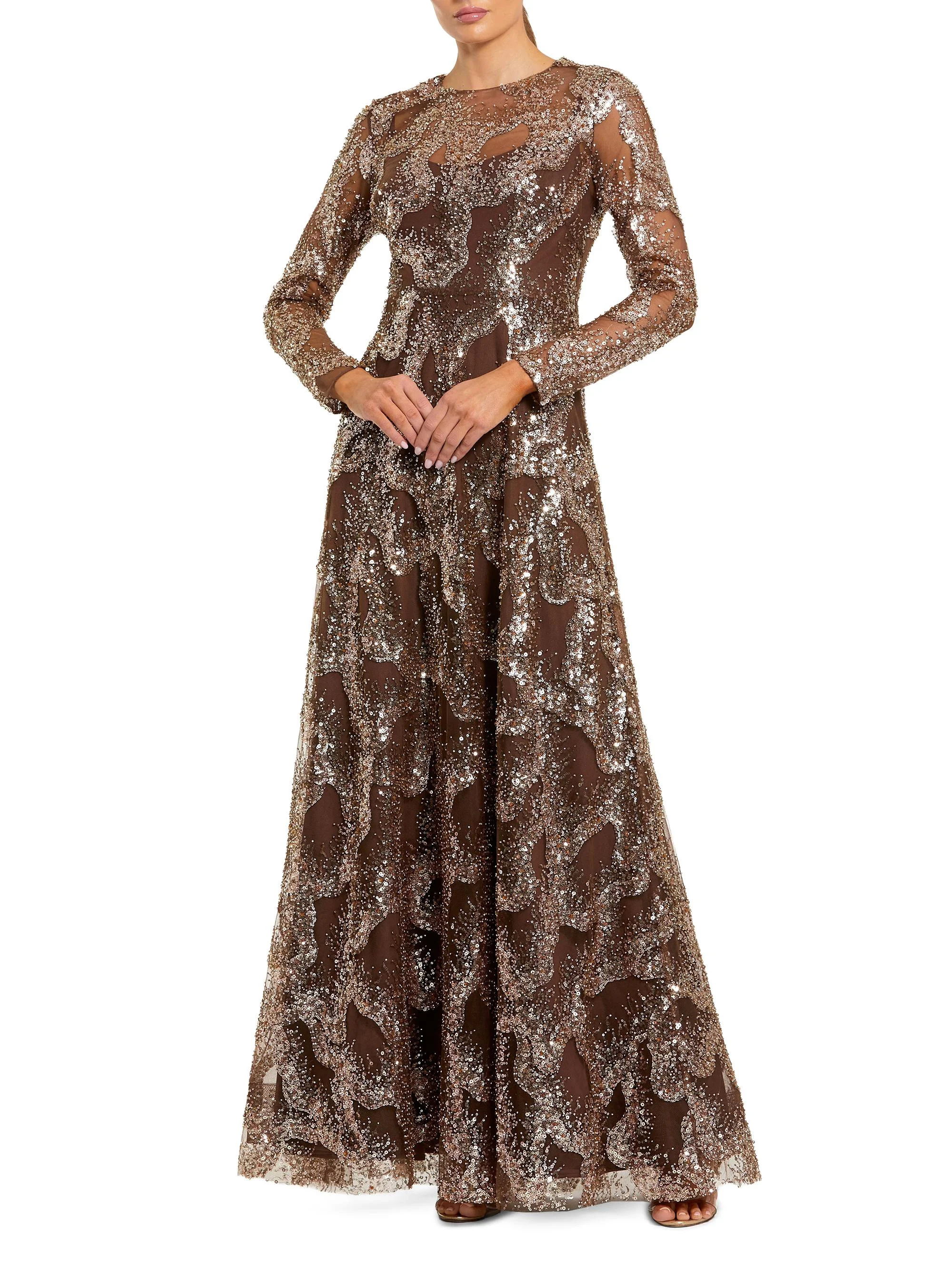 Women's Sequined-Mesh A-Line Gown - Bronze - 1