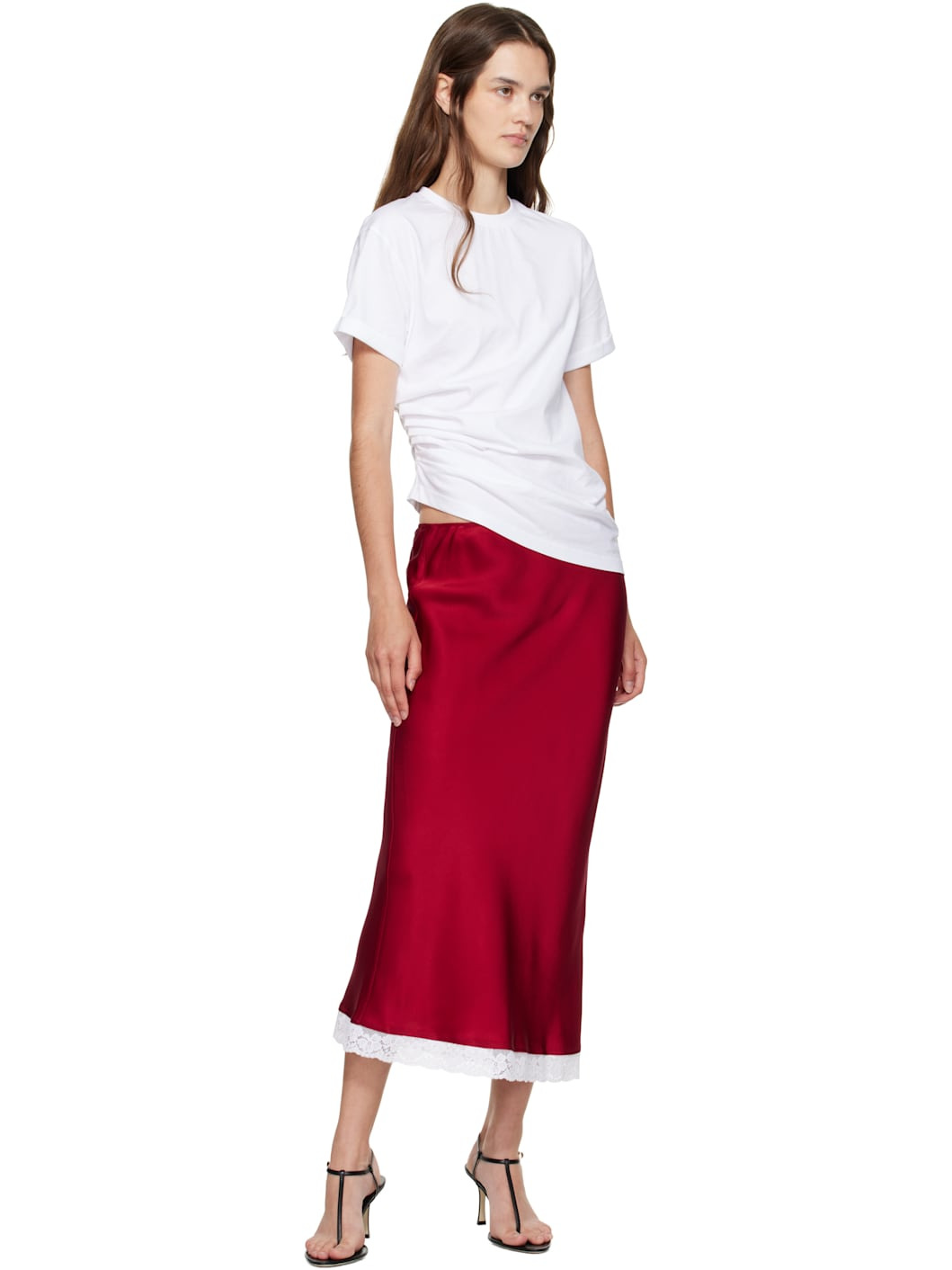 Red Lace Trim Slip Midi Skirt - 4