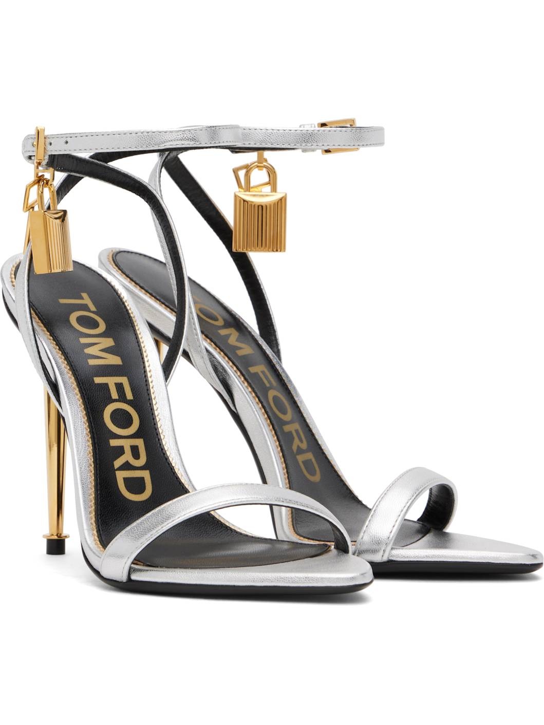 Silver Padlock Pointy Naked Heeled Sandals - 4