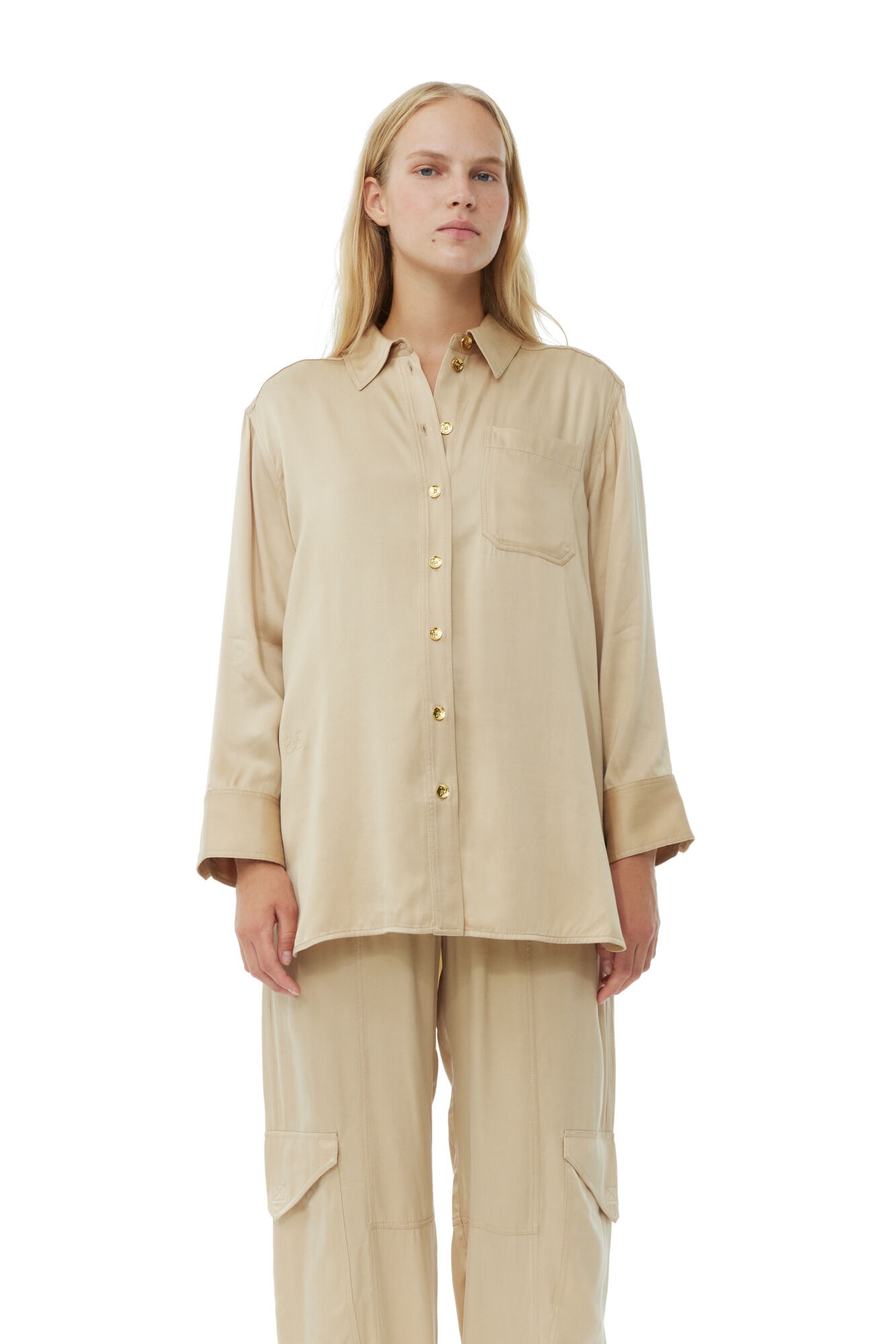 BEIGE WASHED SATIN SHIRT - 2