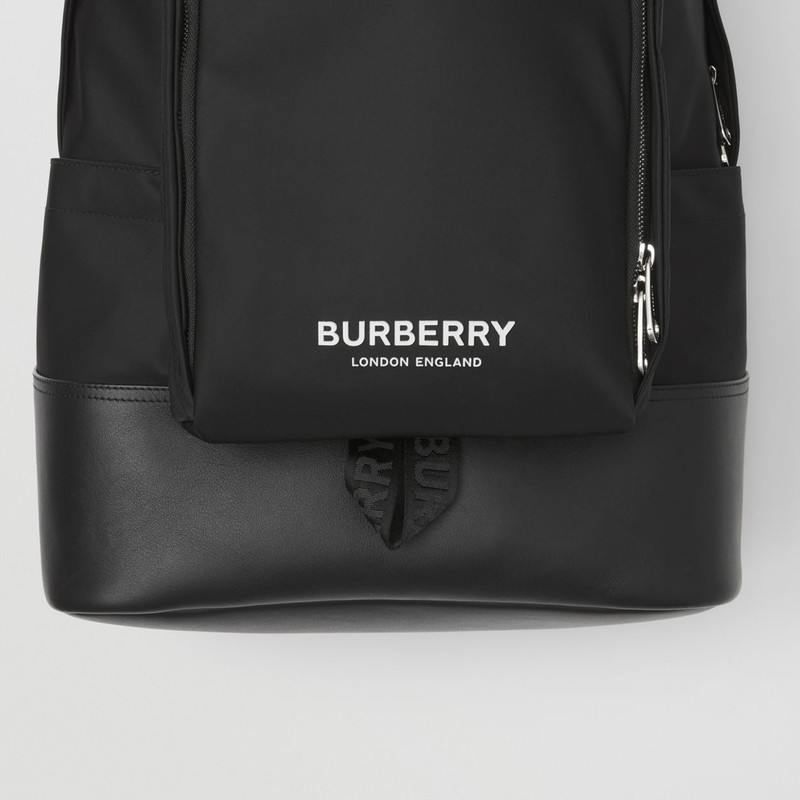 Large Logo Print Nylon and Leather Backpack 2