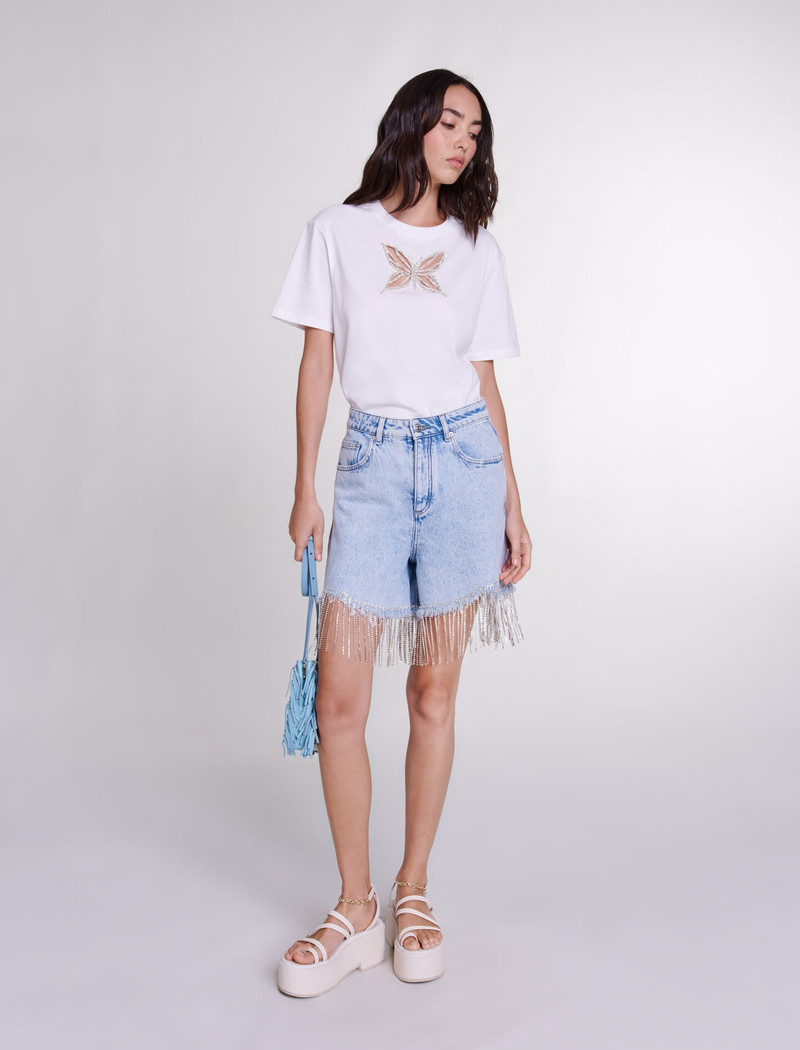 maje Rhinestone denim shorts outlook