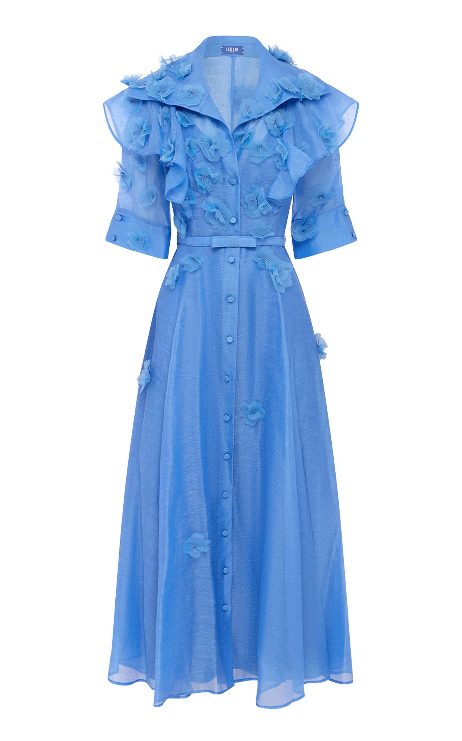 Anya Petal-Embellished Linen-Silk Button-Up Midi Dress blue - 1