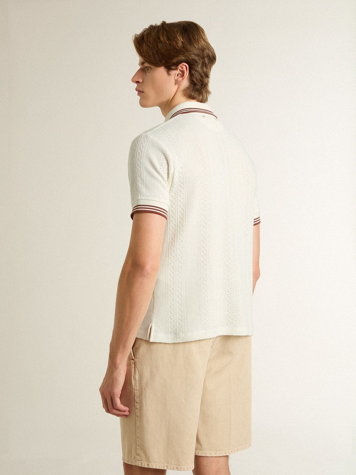 Men's polo shirt in white perforated knit with burgundy striped details - 4