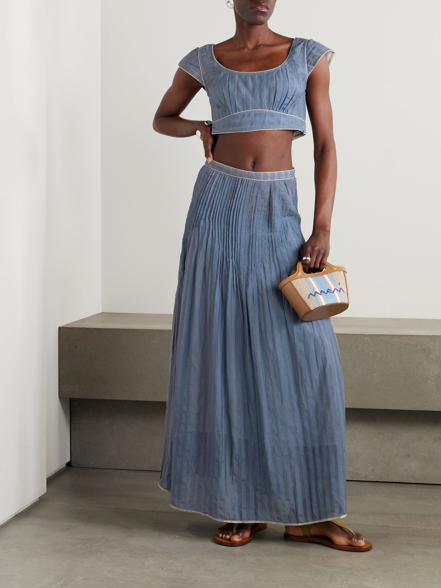 Delphi pintucked striped cotton and silk-blend maxi skirt Blue - 2