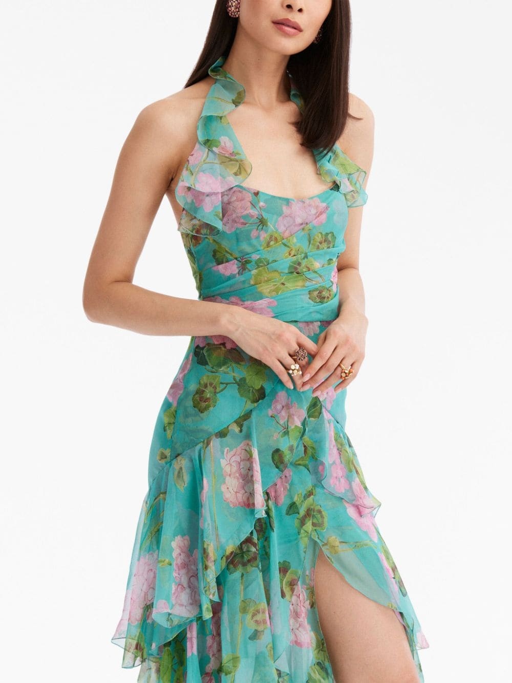 Geranium-print ruffled chiffon gown - 5