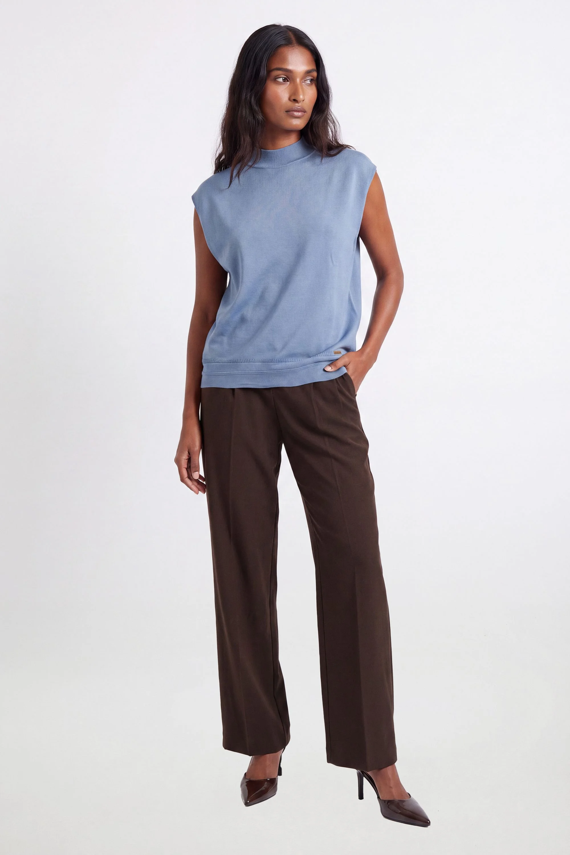 Slinky Drape High Neck Knitted Tank Top - 1
