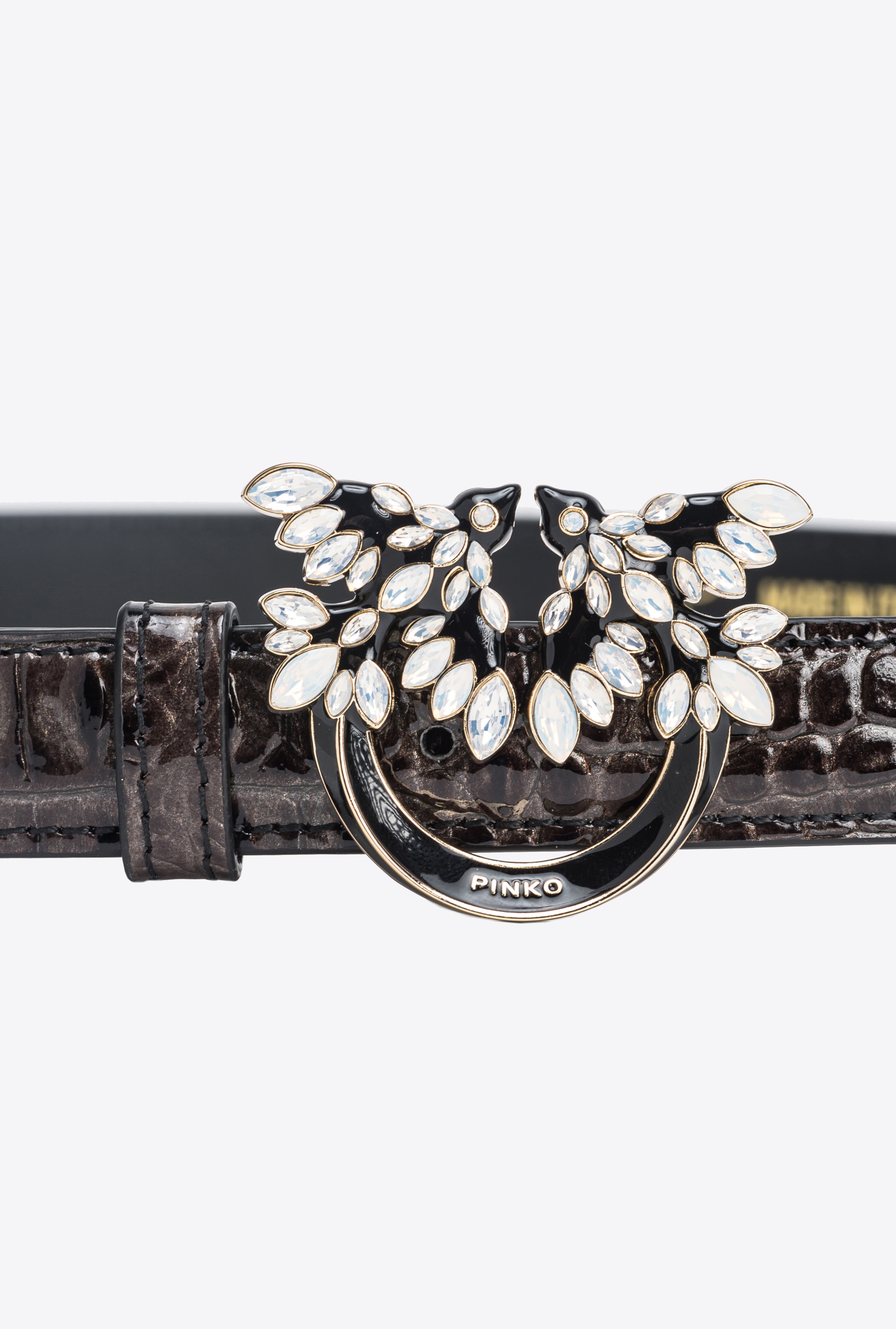 PINKO GALLERIA THIN 2CM CROC-PRINT BELT WITH LOVE BIRDS BUCKLE - 2