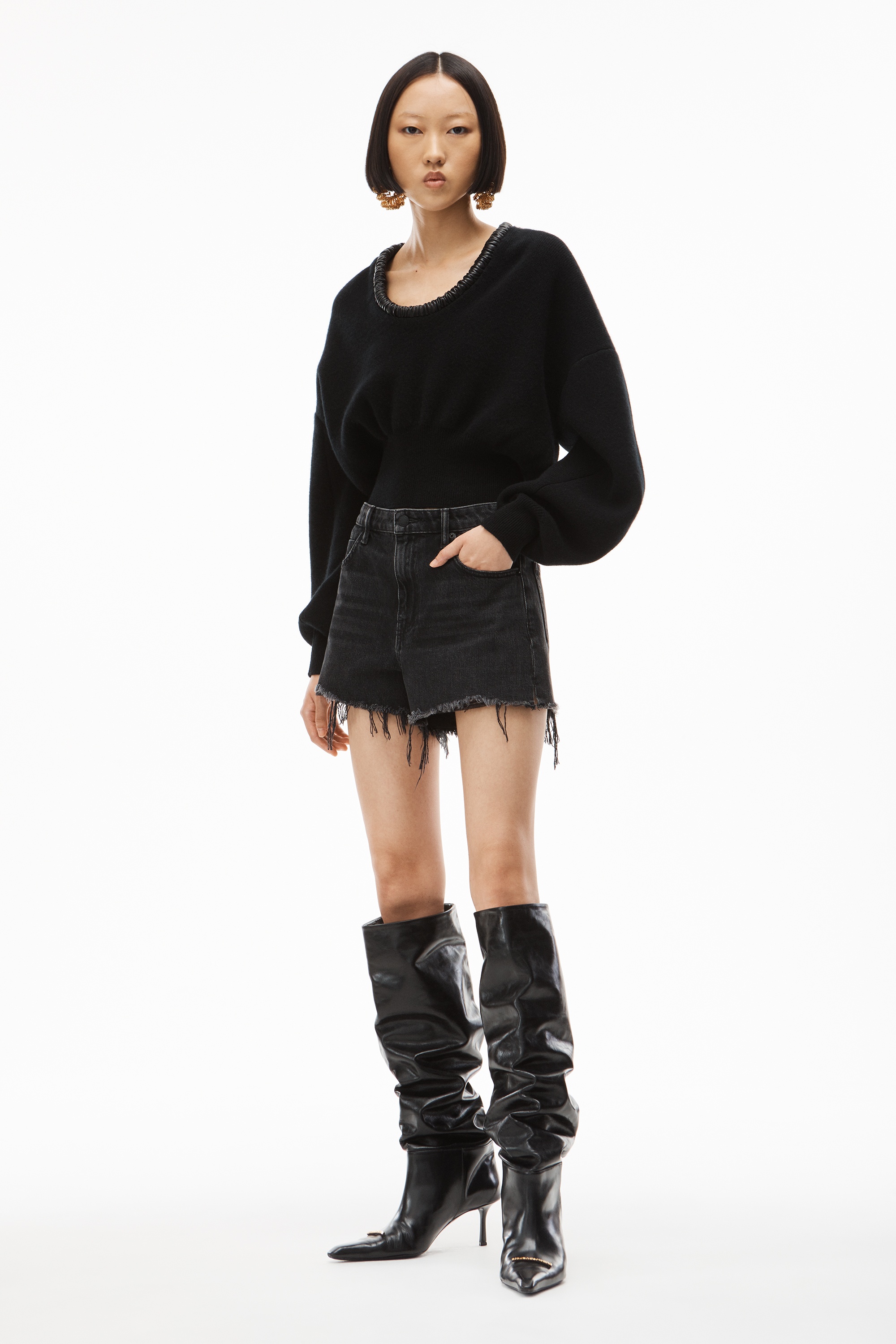 RUCHED LEATHER TRIM PULLOVER IN WOOL - 6