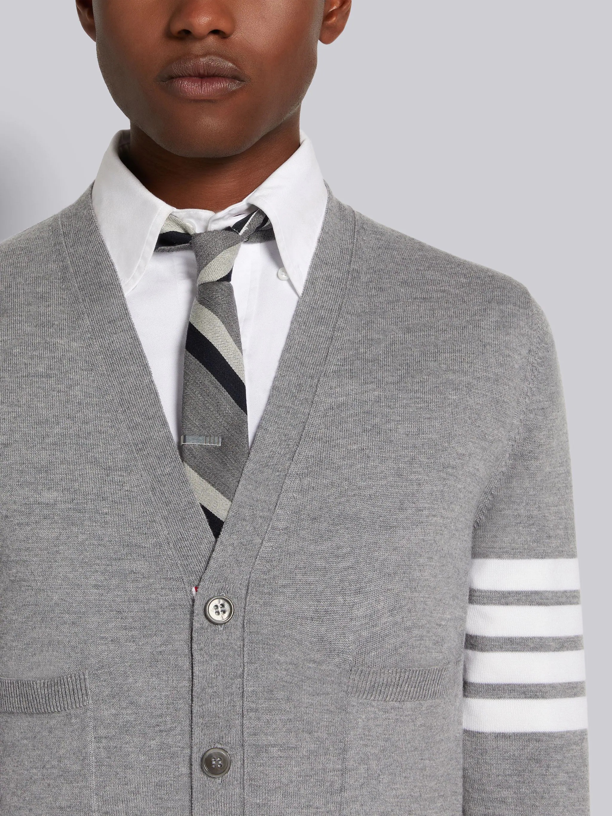 Light Grey Fine Merino Wool 4- Bar Mr. Thom Icon Intarsia Back Classic Crew Neck Pullover - 5