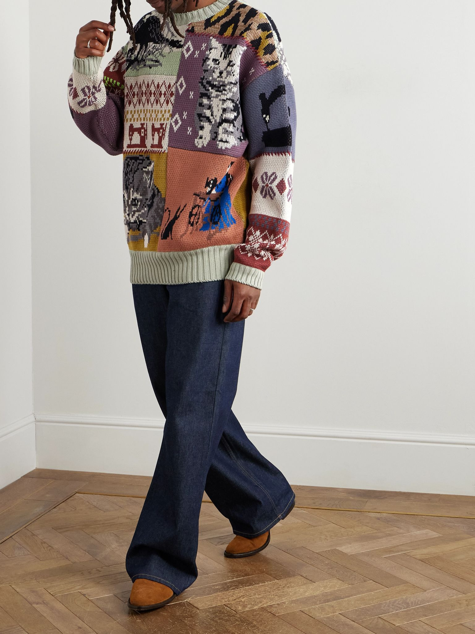 Patchwork Cotton-Blend Jacquard Sweater Green - 2