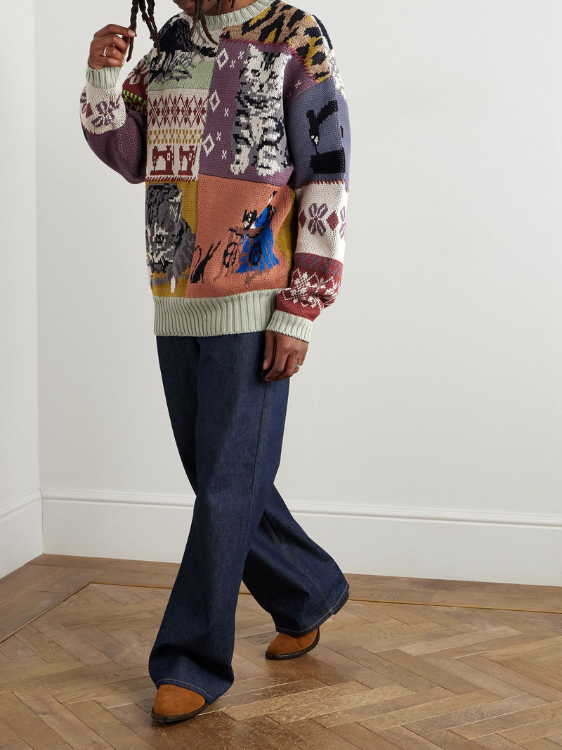 Kapital Patchwork Cotton-Blend Jacquard Sweater Green outlook