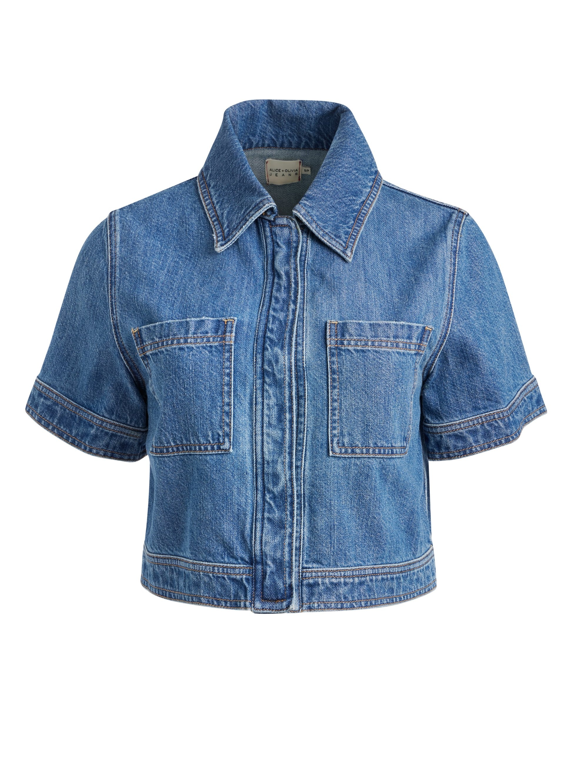TESHA SHORT SLEEVE CROPPED DENIM BUTTON DOWN - 1