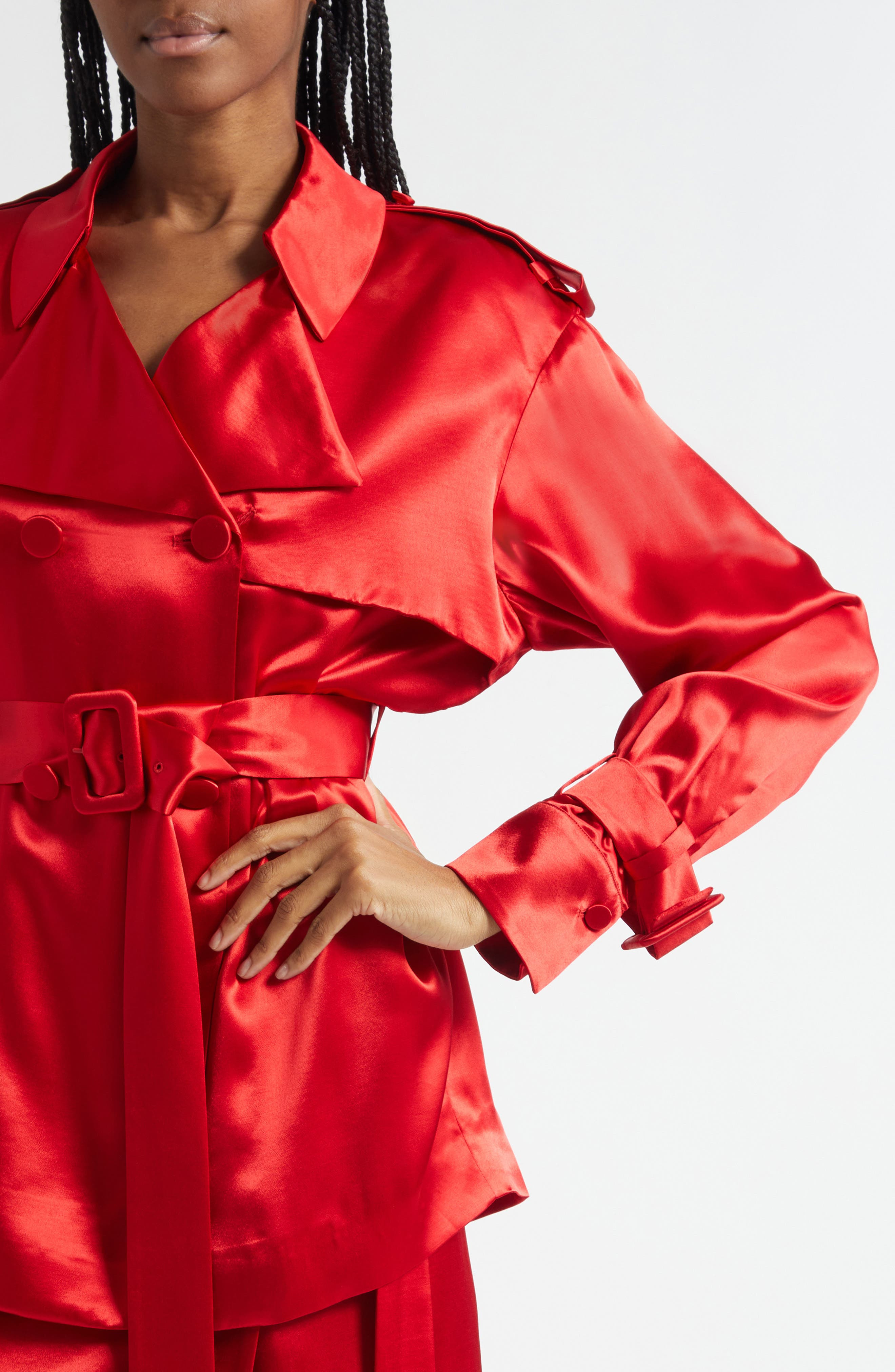 FERRAGAMO Long Sleeve Satin Trench Shirt in Dark Red at Nordstrom - 5