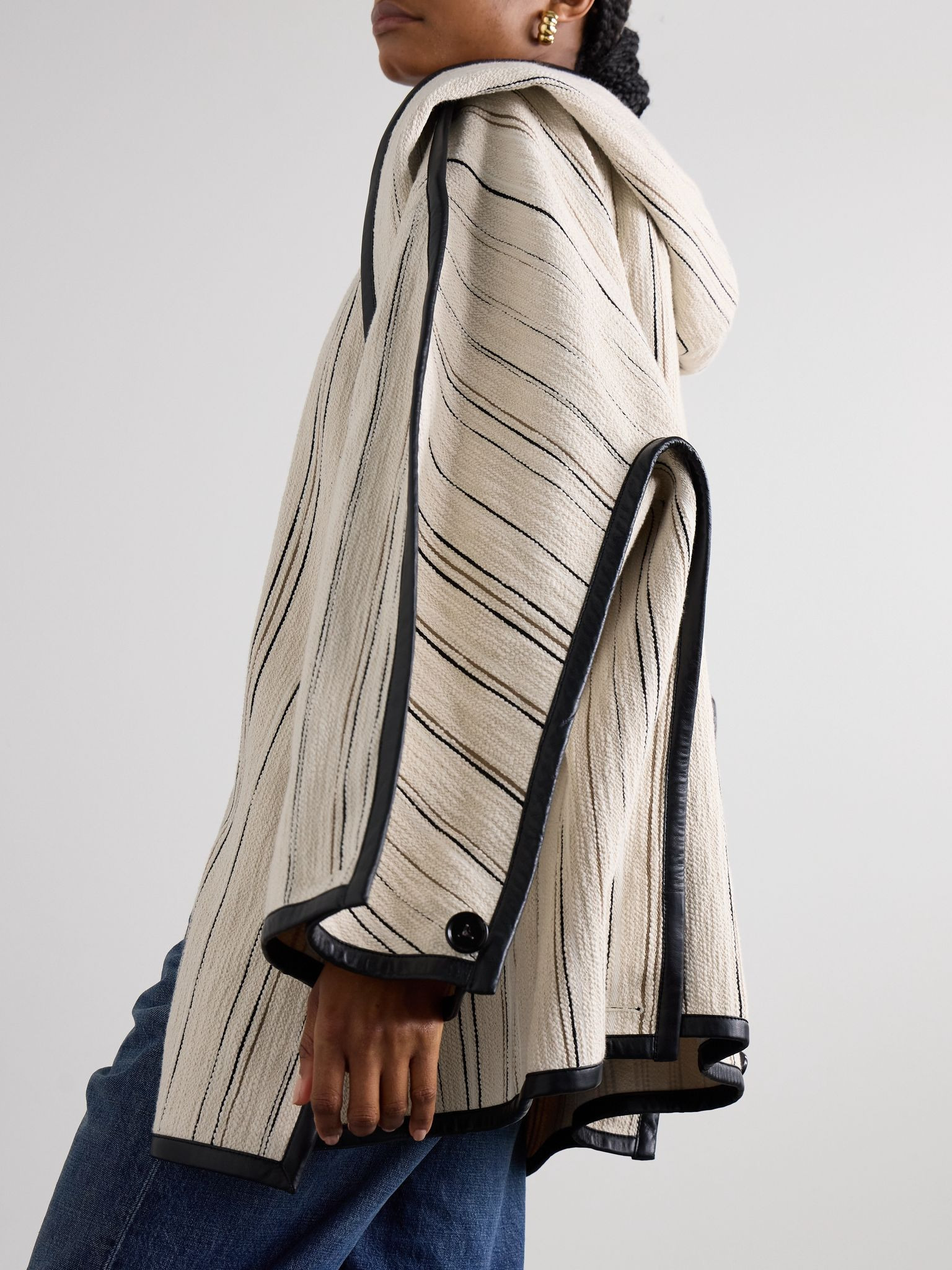 Oversized leather-trimmed striped cotton-blend bouclé coat Off-white - 5