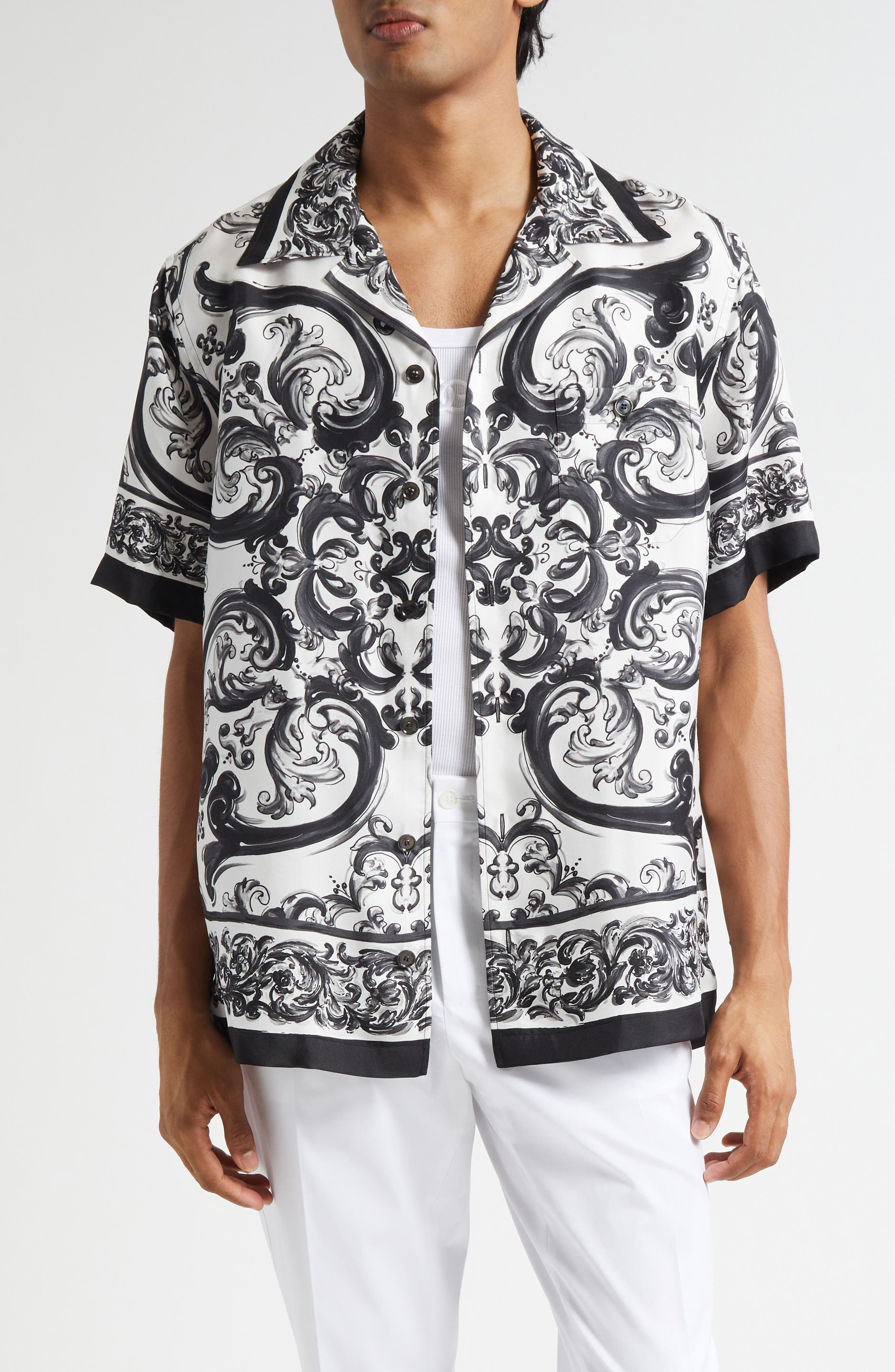 Dolce&Gabbana Majolica Print Silk Twill Camp Shirt in Hx5Dq Maiolica 3L Nero at Nordstrom - 1