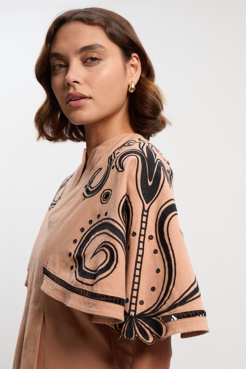 KAREN MILLEN Baroque Embroidered Cape Sleeve Woven Twill Top outlook