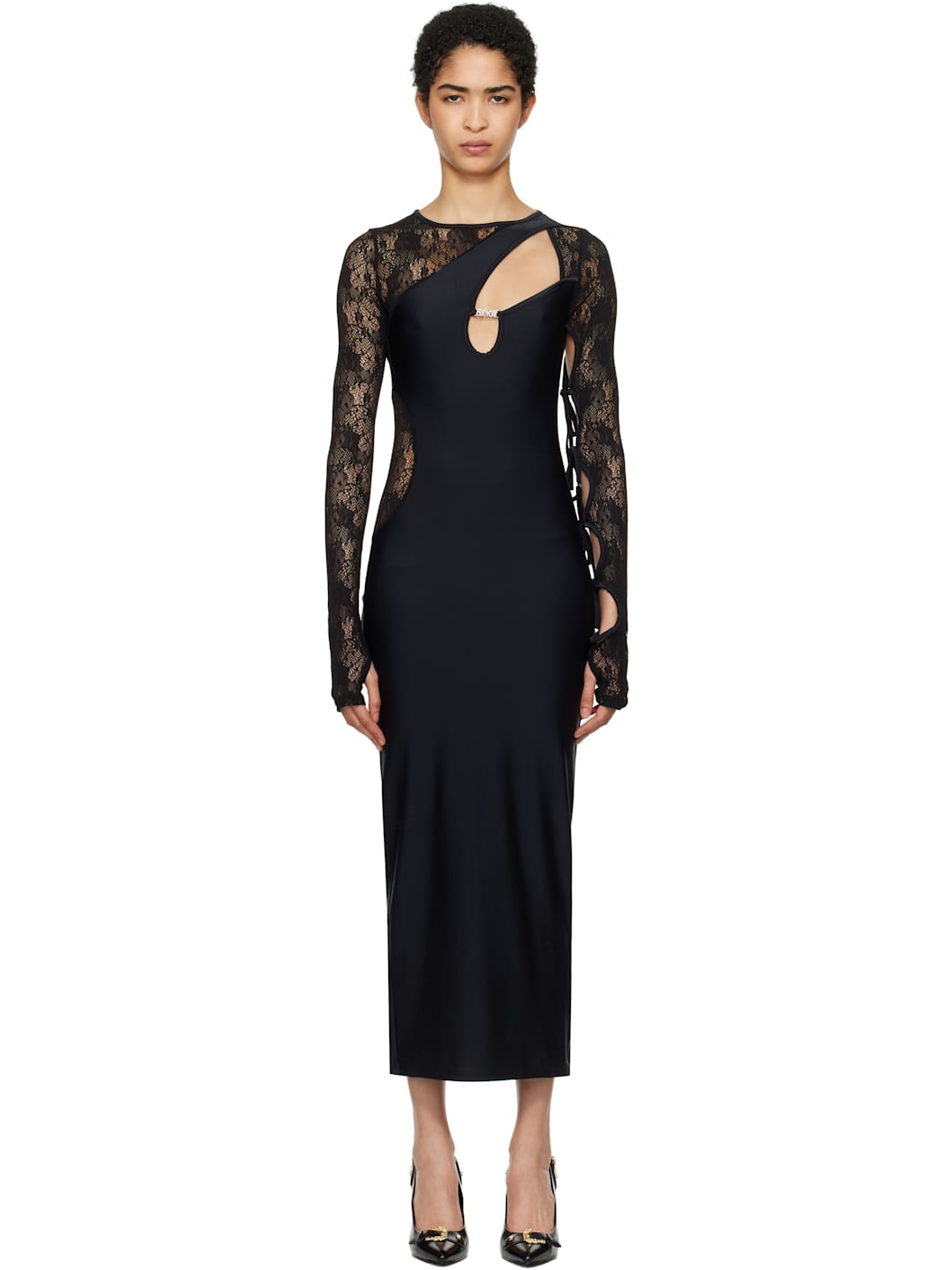 Black Mesh Lace Midi Dress - 1