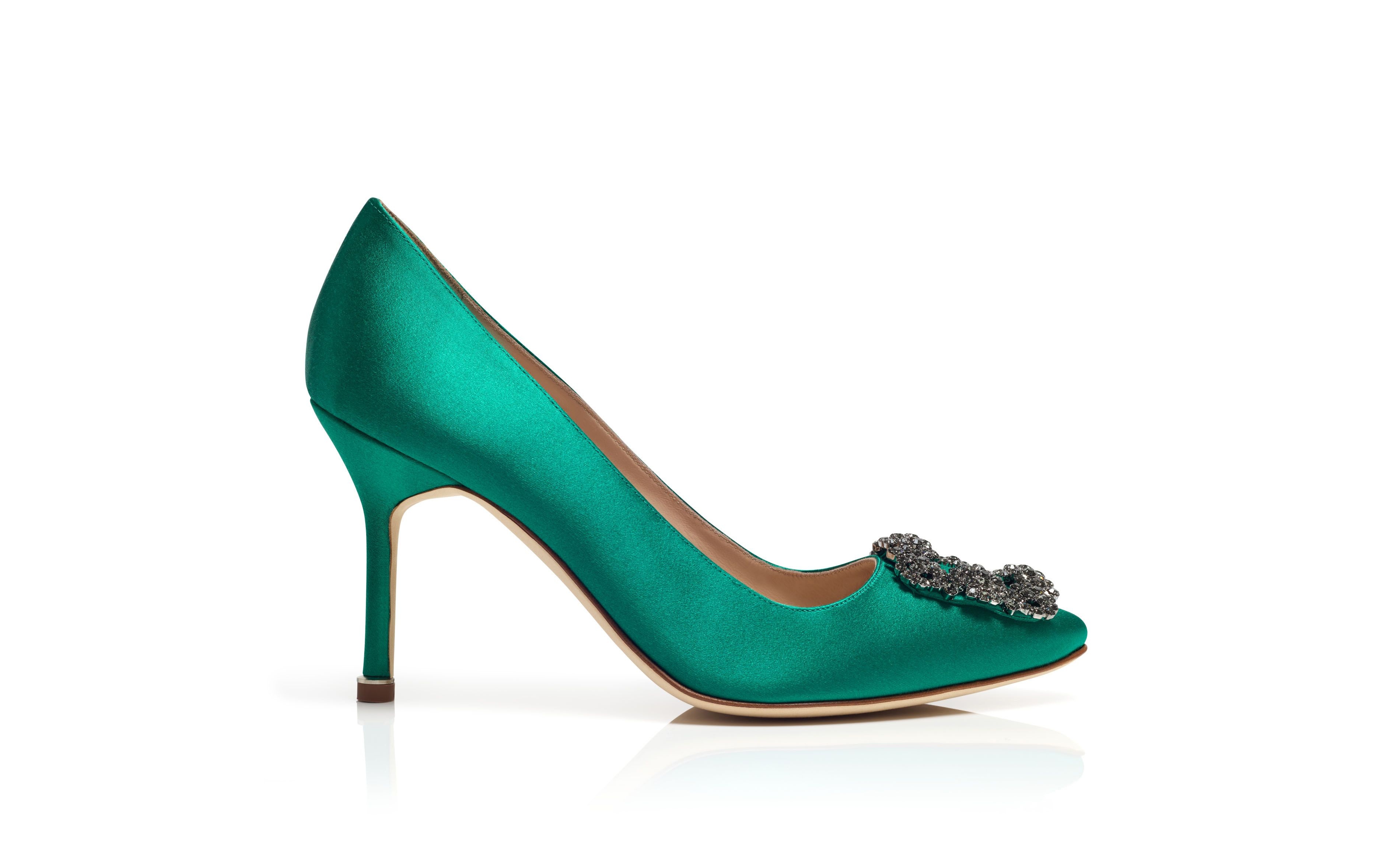 Green Satin Jewel Buckle Pumps - 1