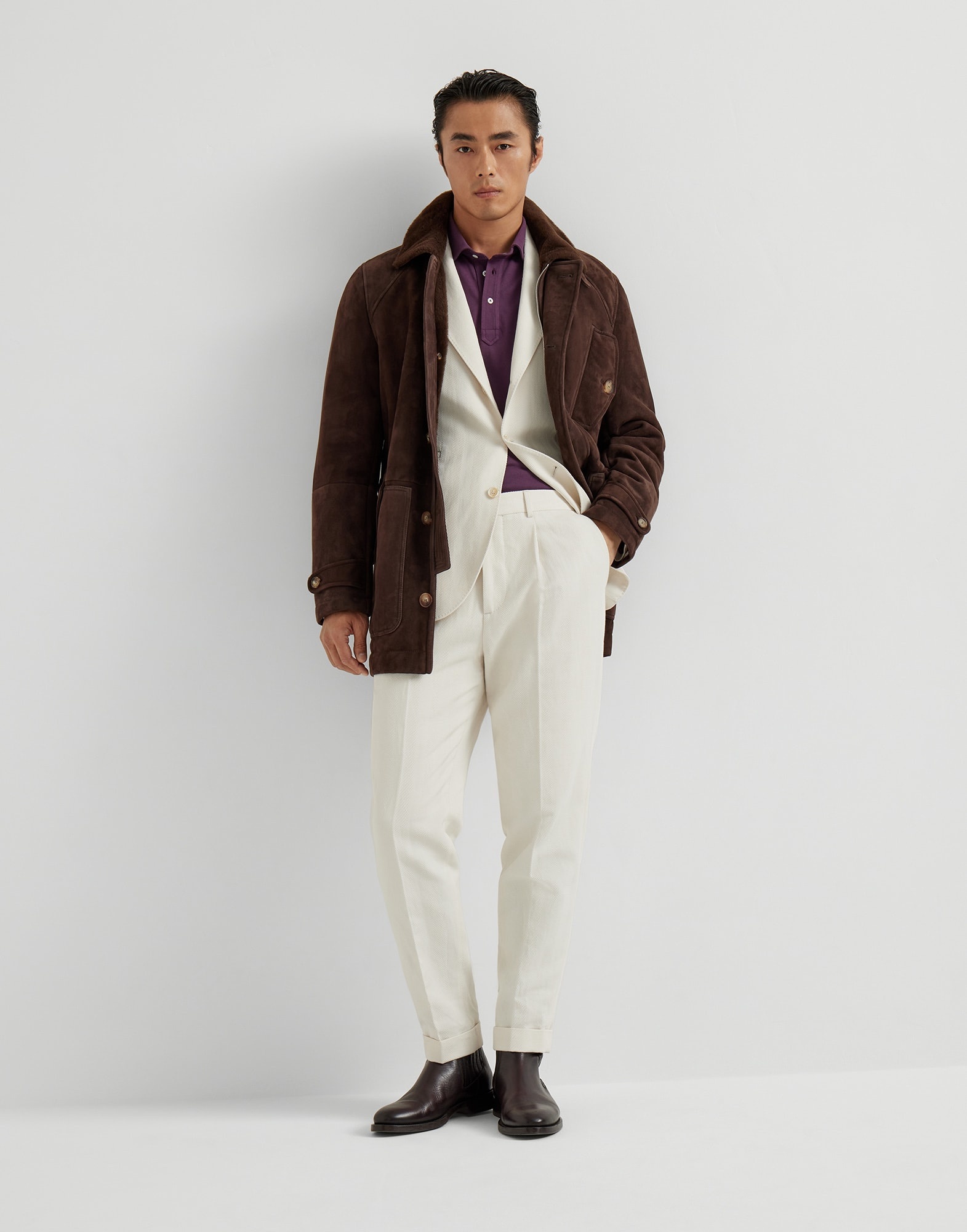 Tone-on-tone suede shearling coat - 5